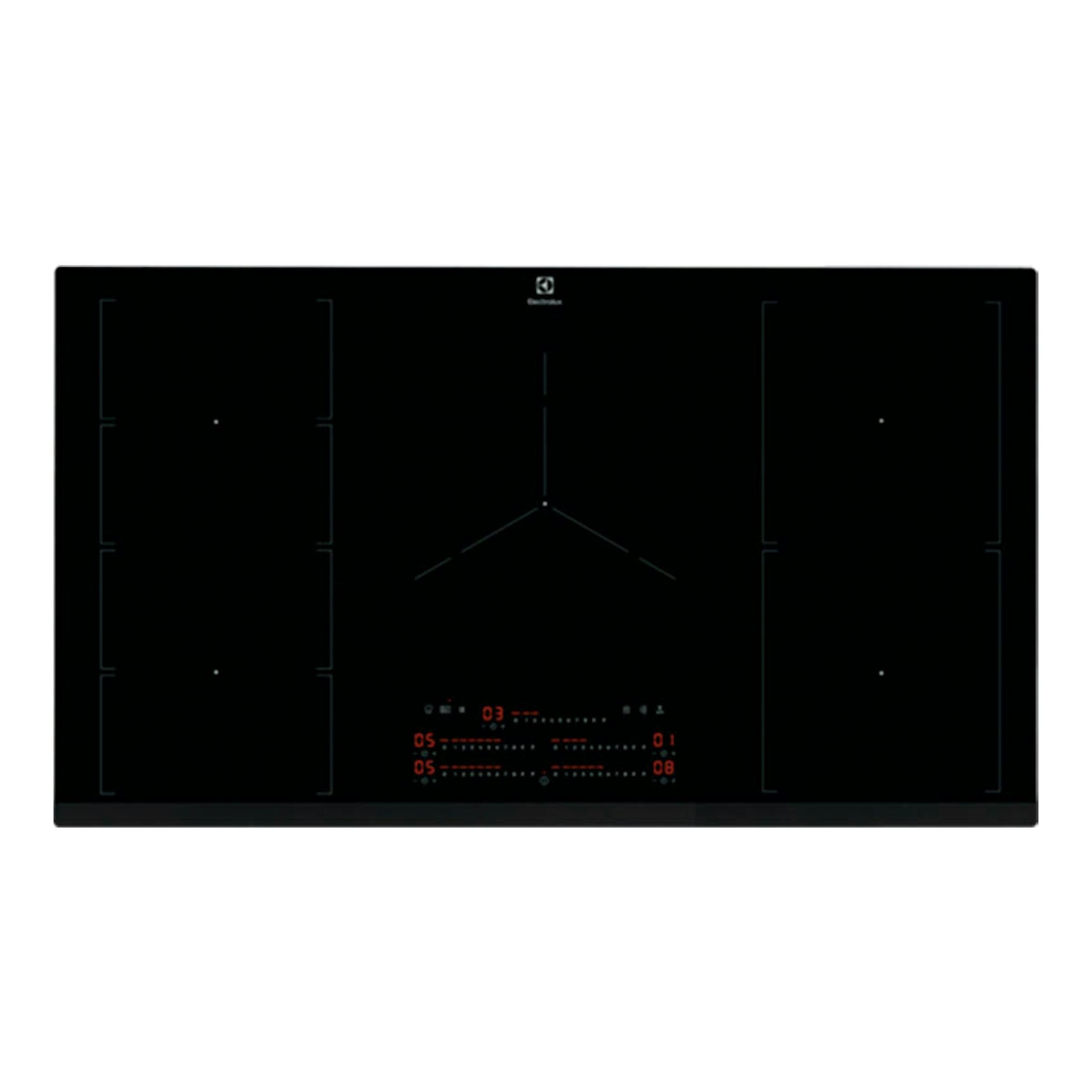Placa de inducción Electrolux EIV95550 negra, vista superior, con cinco zonas de cocción.
