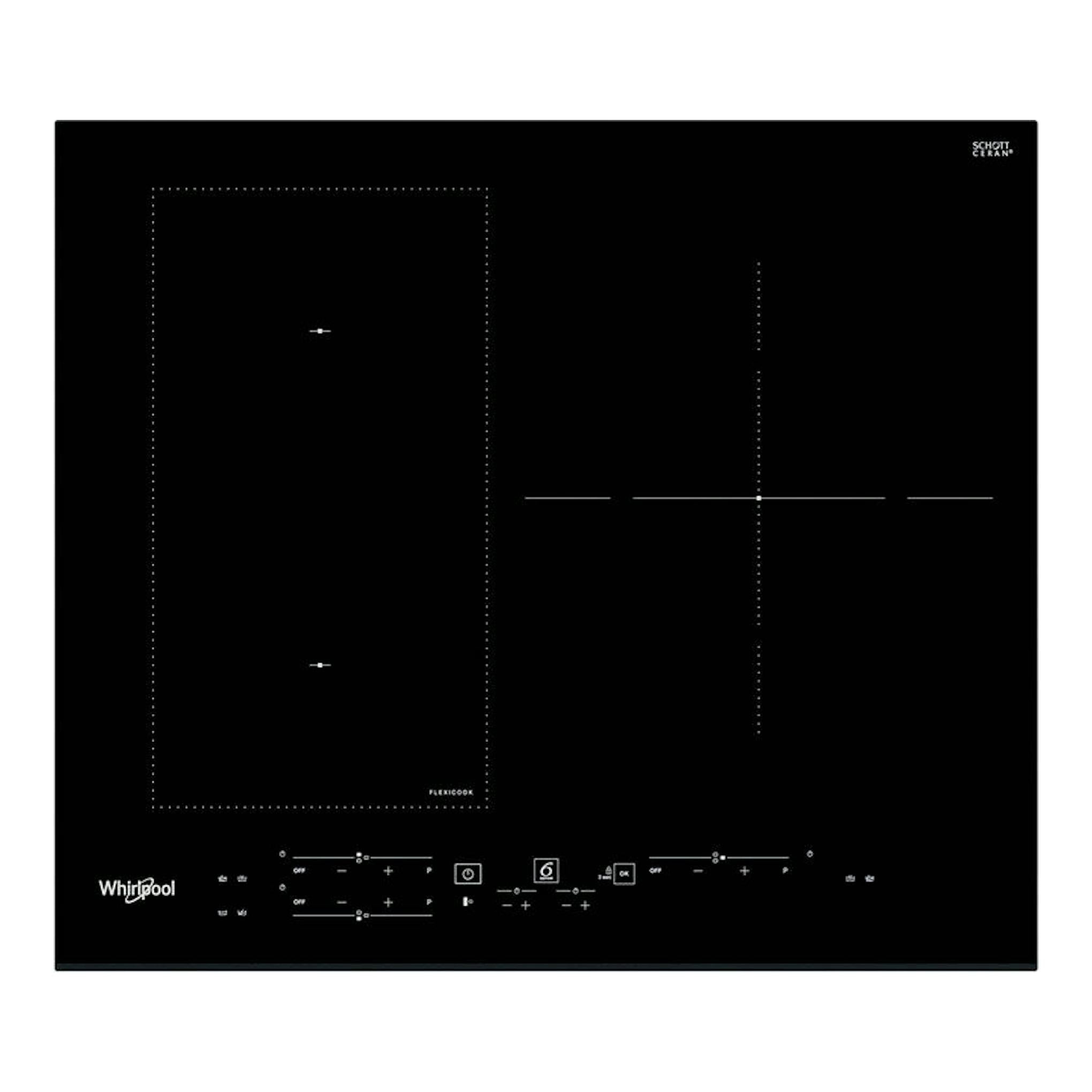 Whirlpool WLB2760BF: placa de inducción negra, vista superior, con controles táctiles y zonas marcadas.