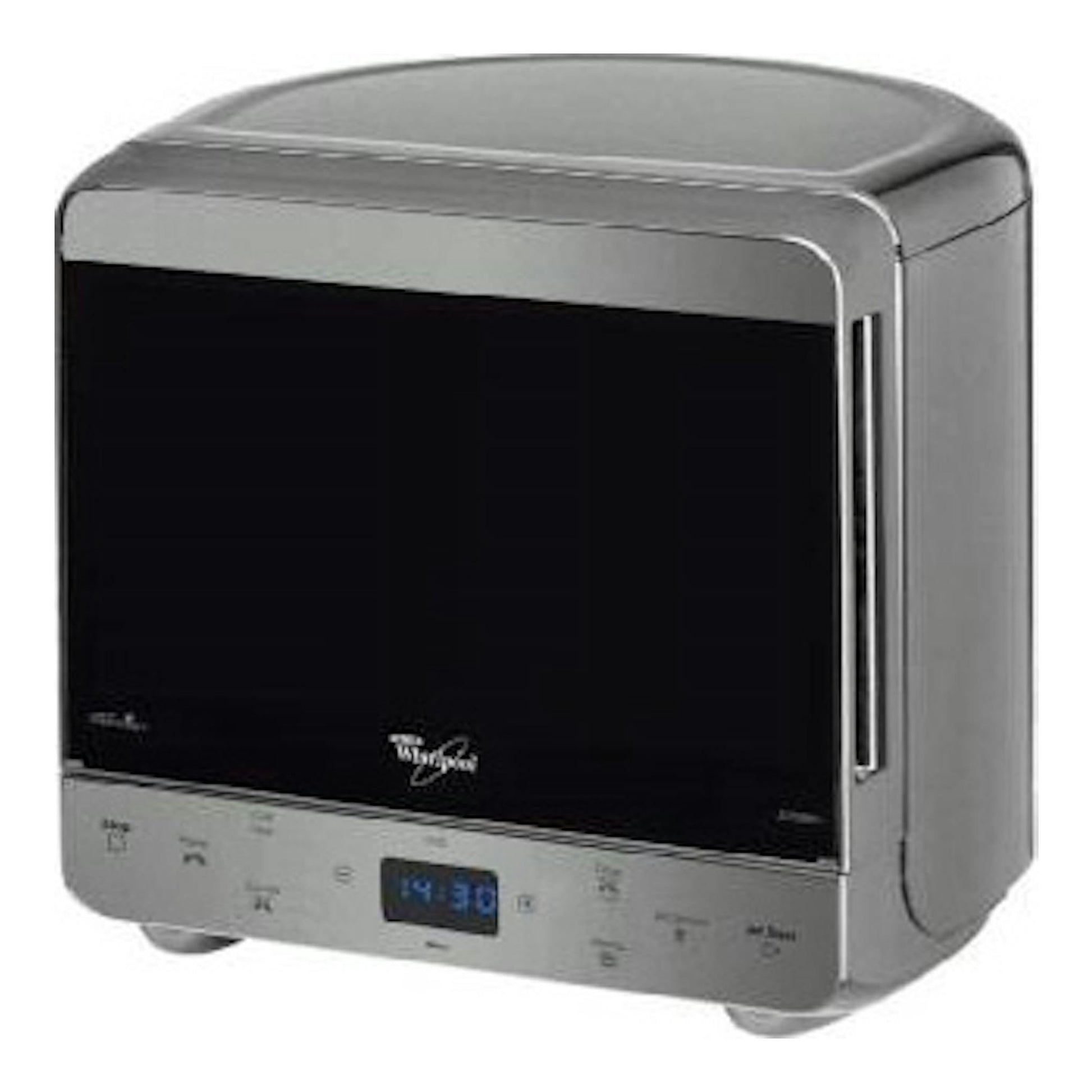 Microondas Whirlpool MAX 38/IX de acero inoxidable, vista frontal en ángulo, con puerta negra y panel digital.