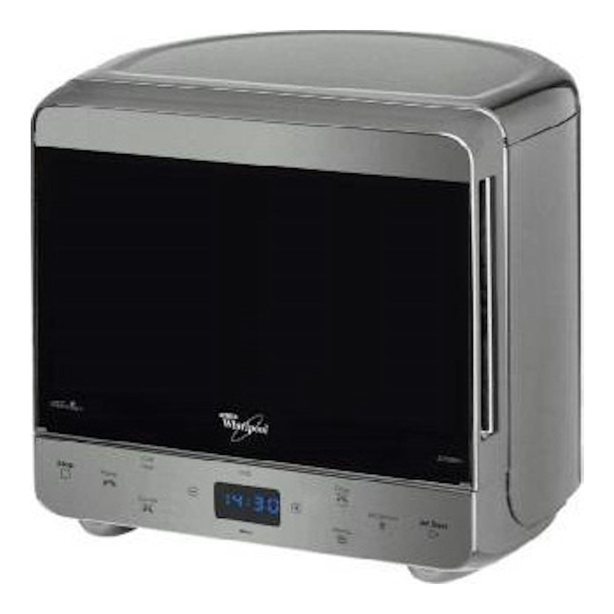 Microondas Whirlpool MAX 38/IX de acero inoxidable, vista frontal en ángulo, con puerta negra y panel digital.