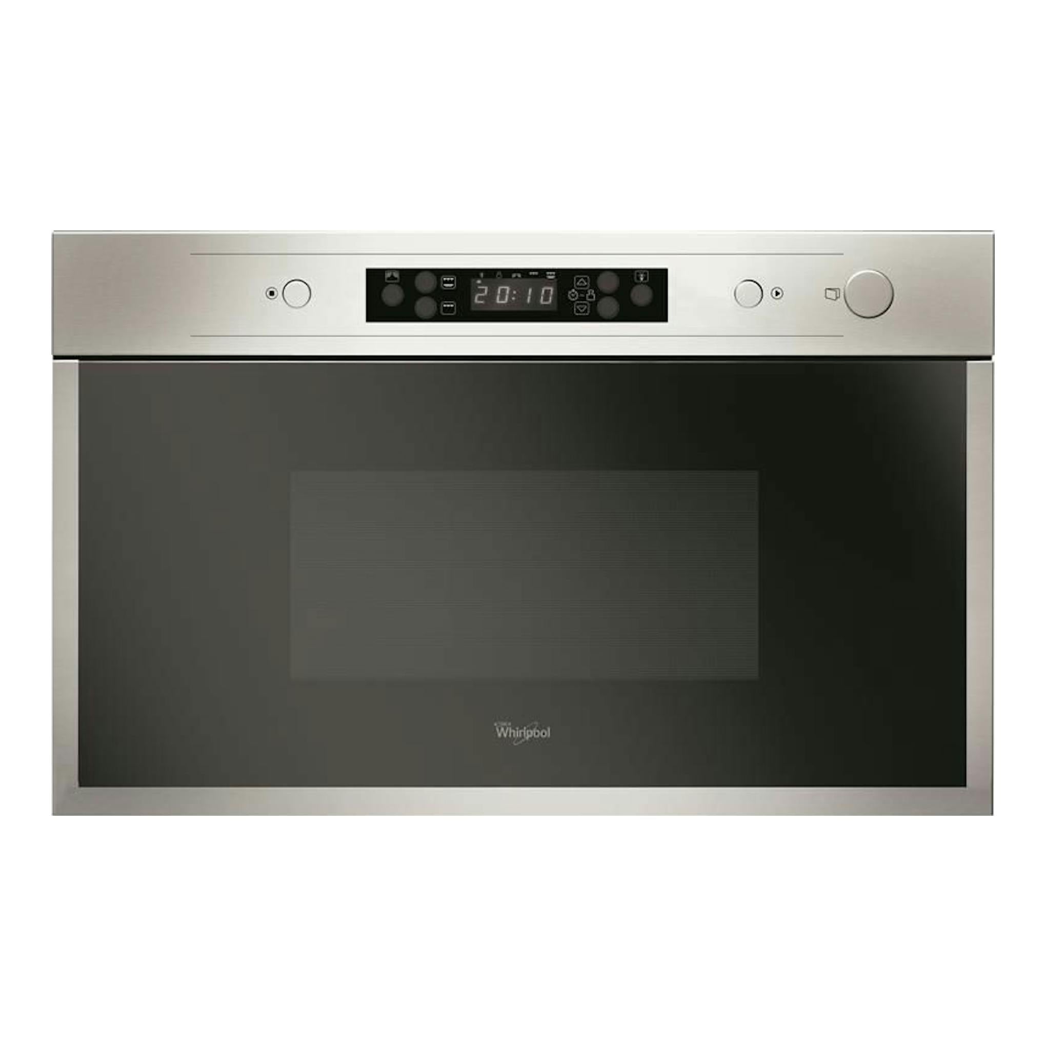 Microondas empotrable Whirlpool AMW442/IX en inox, vista frontal con puerta negra y panel digital.