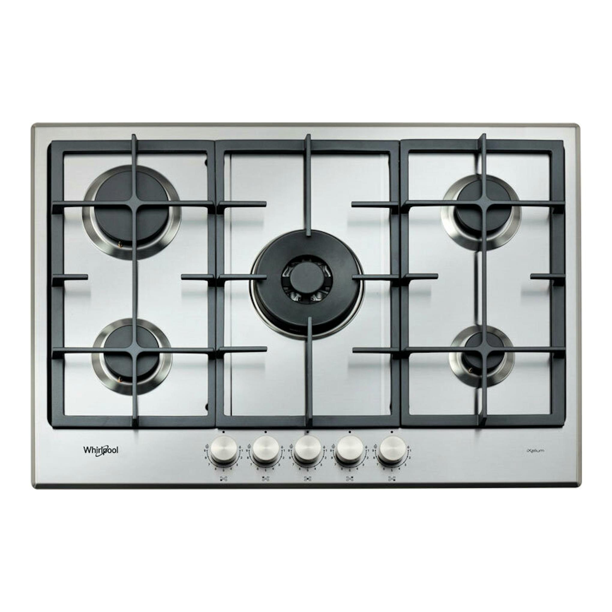 Placa de gas Whirlpool GMAL7522/IXL de acero inoxidable, vista frontal, con 5 fuegos y rejillas negras.