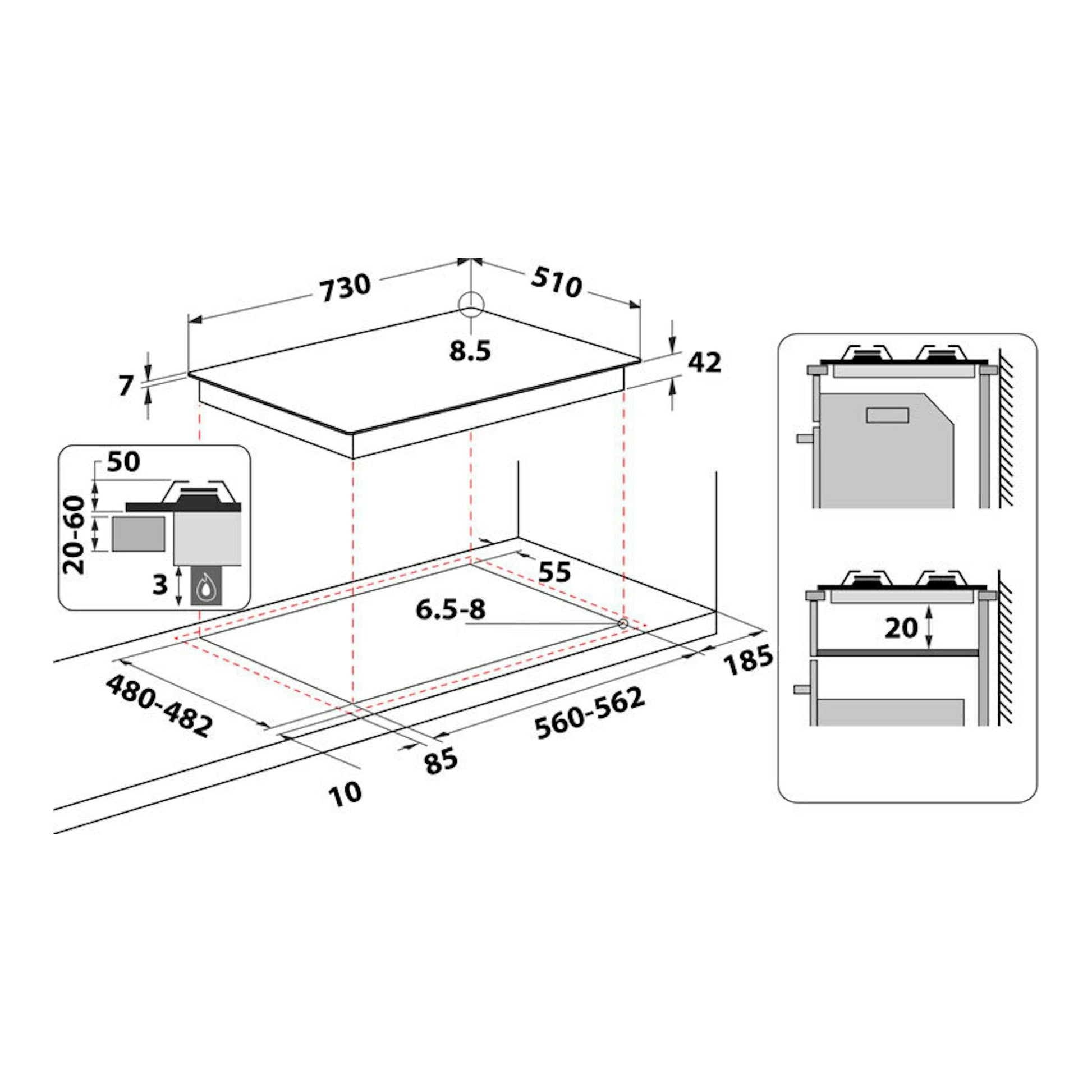 Diagrama de instalación de placa de gas Whirlpool GMAL7522/IXL, con vistas y medidas en gris.