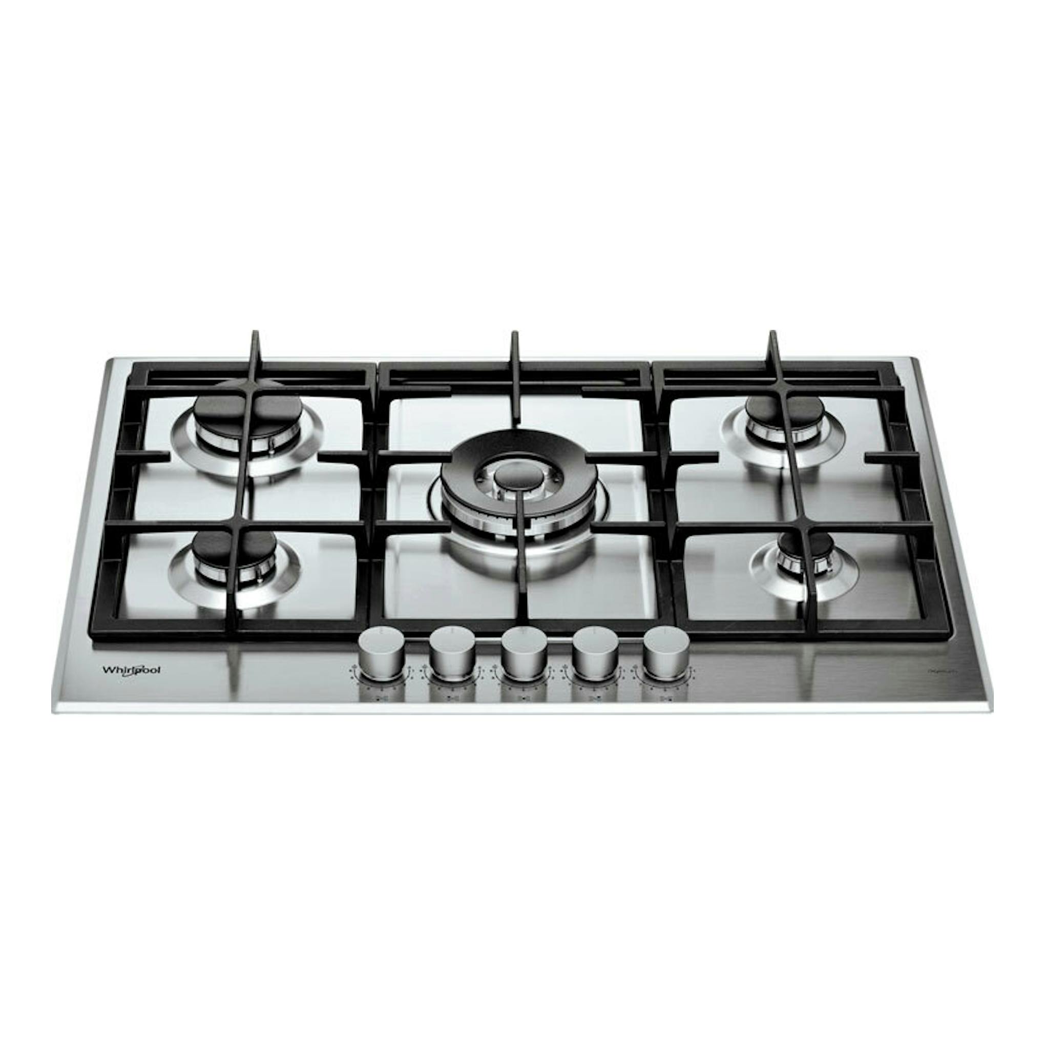 Placa de gas Whirlpool GMAL7522/IXL en acero inoxidable, vista frontal inclinada, 5 quemadores y mandos frontales.