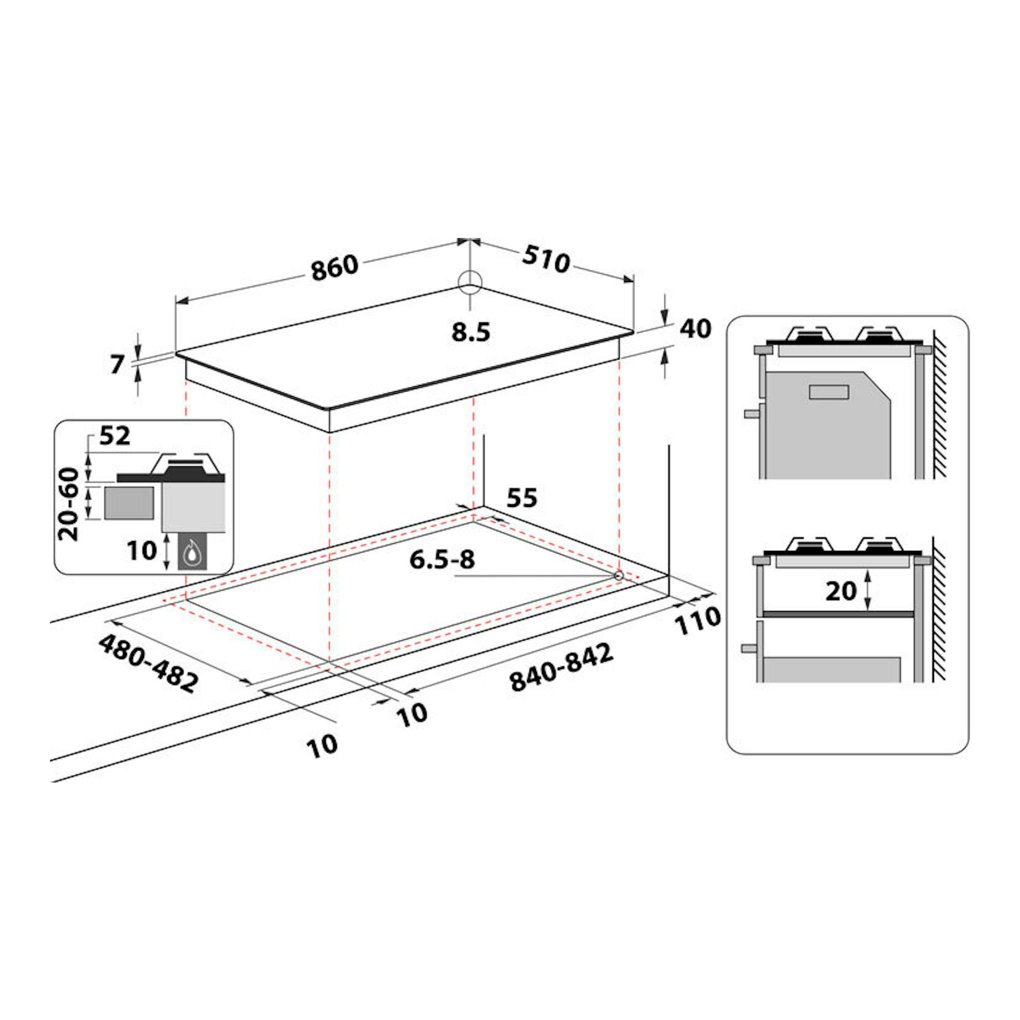 Diagrama técnico de placa de gas Whirlpool GMAL9522/IXL, vista superior con medidas de instalación 860x510 mm.