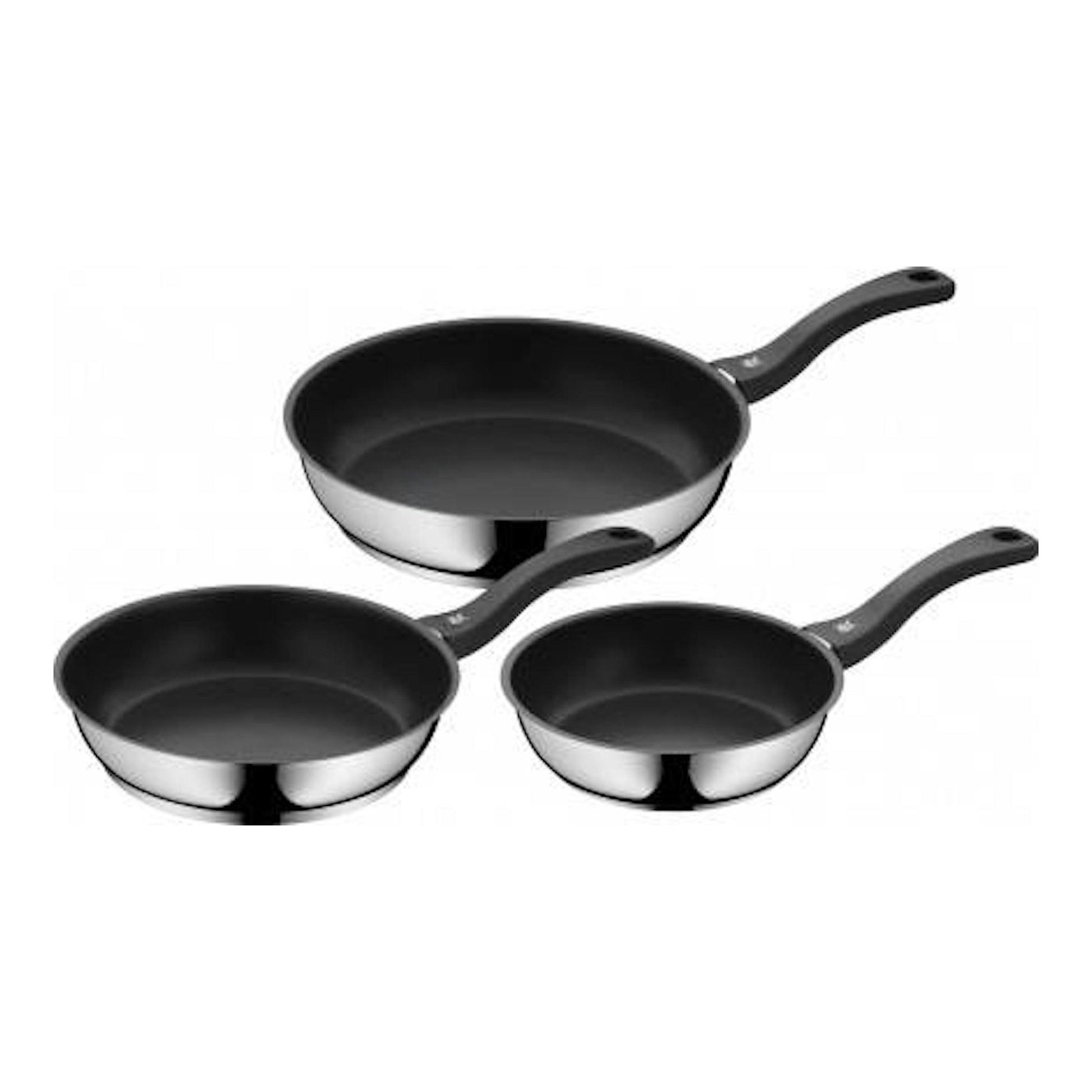 Juego de 3 sartenes WMF Devil de acero inoxidable, vista frontal en ángulo, con mangos negros.