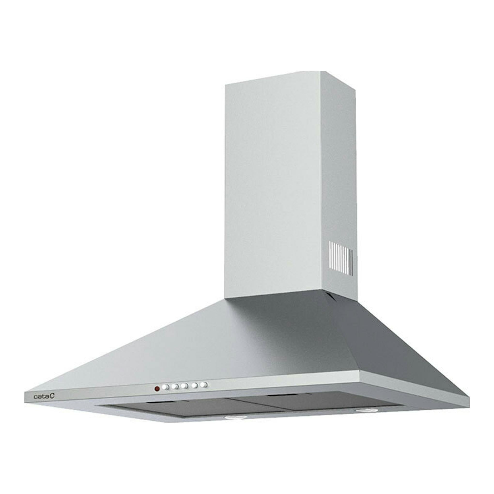 Campana decorativa Cata OMEGA900W/L inox, vista frontal en ángulo, color plateado.