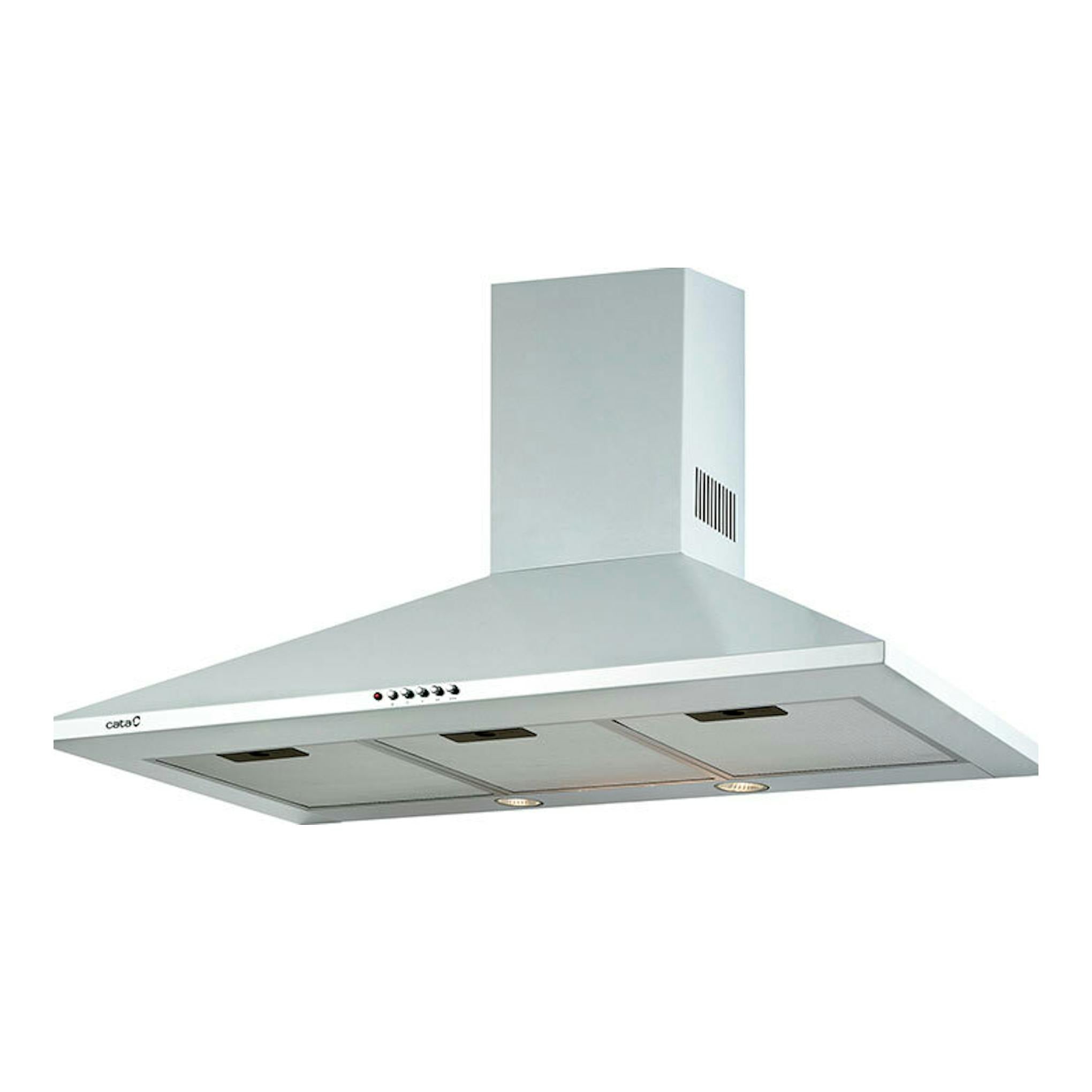 Campana decorativa Cata OMEGA700W/L inox, vista frontal inferior en ángulo, color acero inoxidable.
