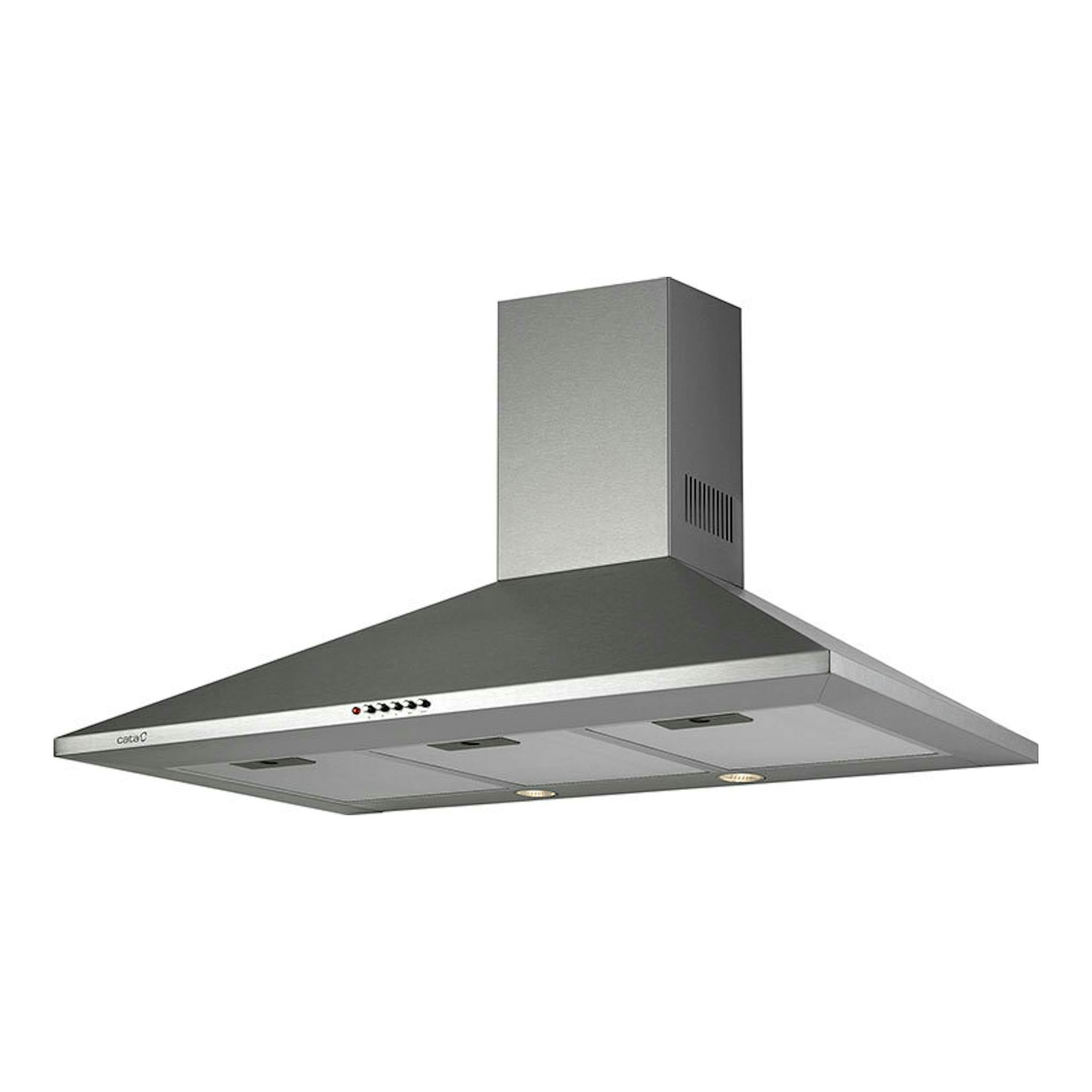 Campana decorativa Cata OMEGA900X/L inox, vista frontal en ángulo, acero inoxidable.