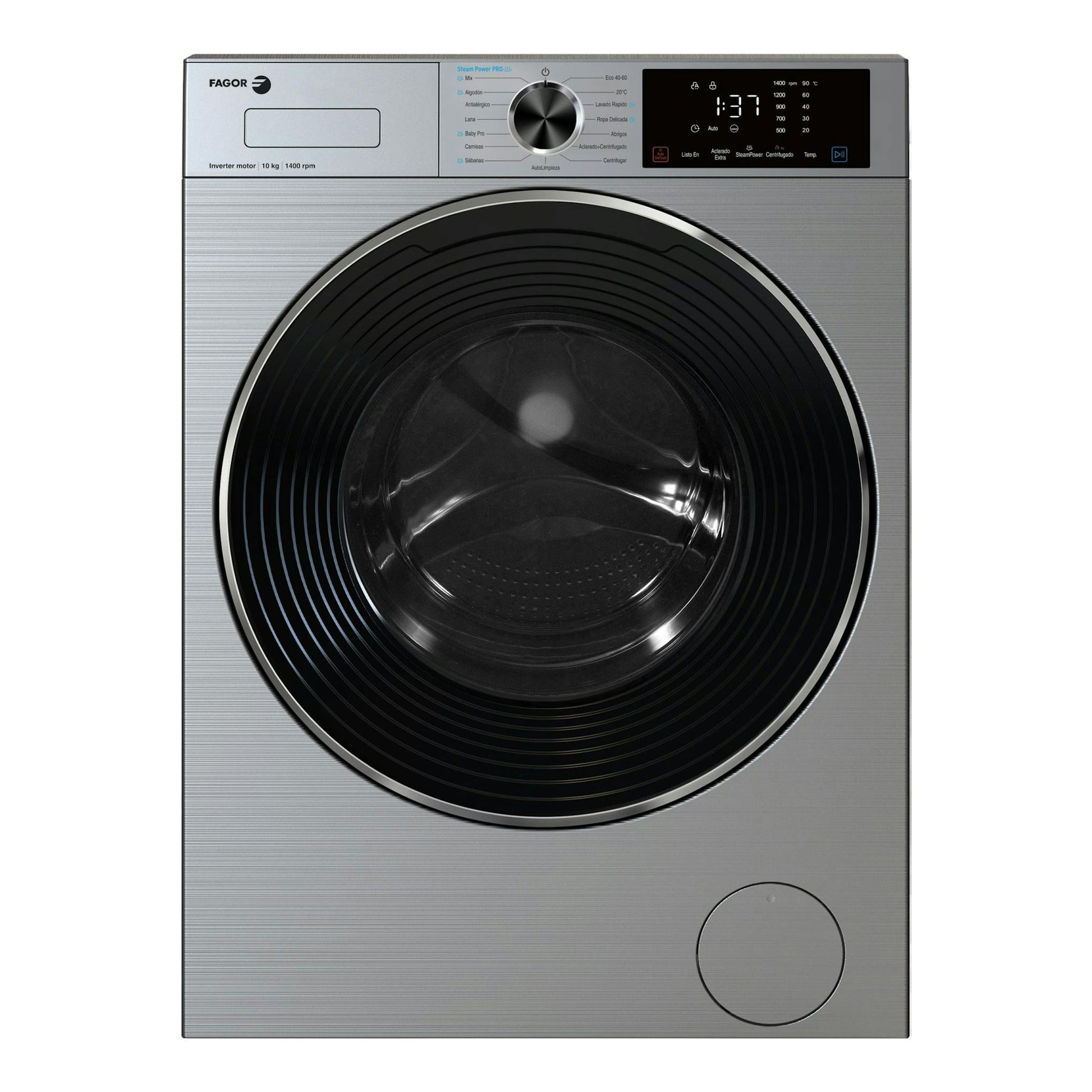 Lavadora Fagor 5FE-10714X de frente, acabado inox, puerta negra circular y panel digital superior.