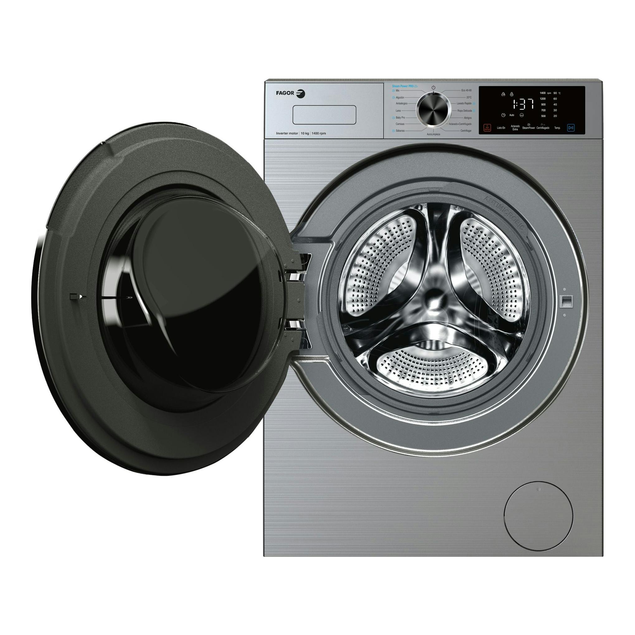 Lavadora frontal Fagor 5FE-10714X inox, con puerta abierta y panel digital.