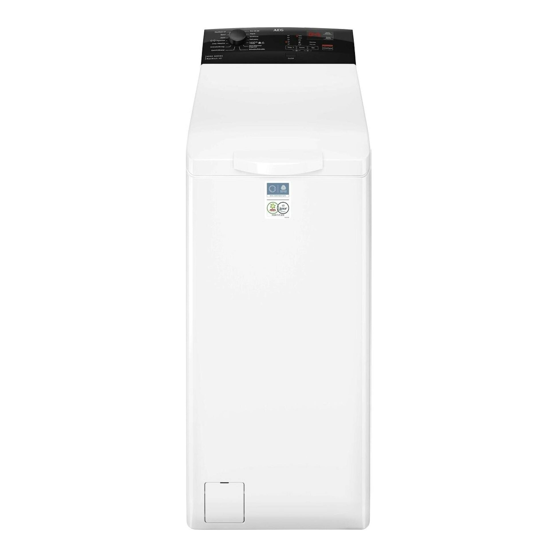 Lavadora de carga superior AEG LTE6K7230E blanca, vista frontal, con panel de control negro superior.