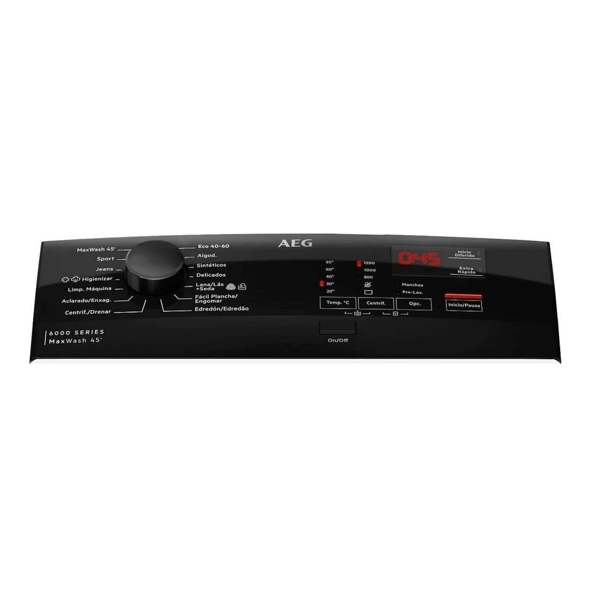 Lavadora AEG LTE6K7230E, vista superior del panel negro, con selector, display rojo y botones.