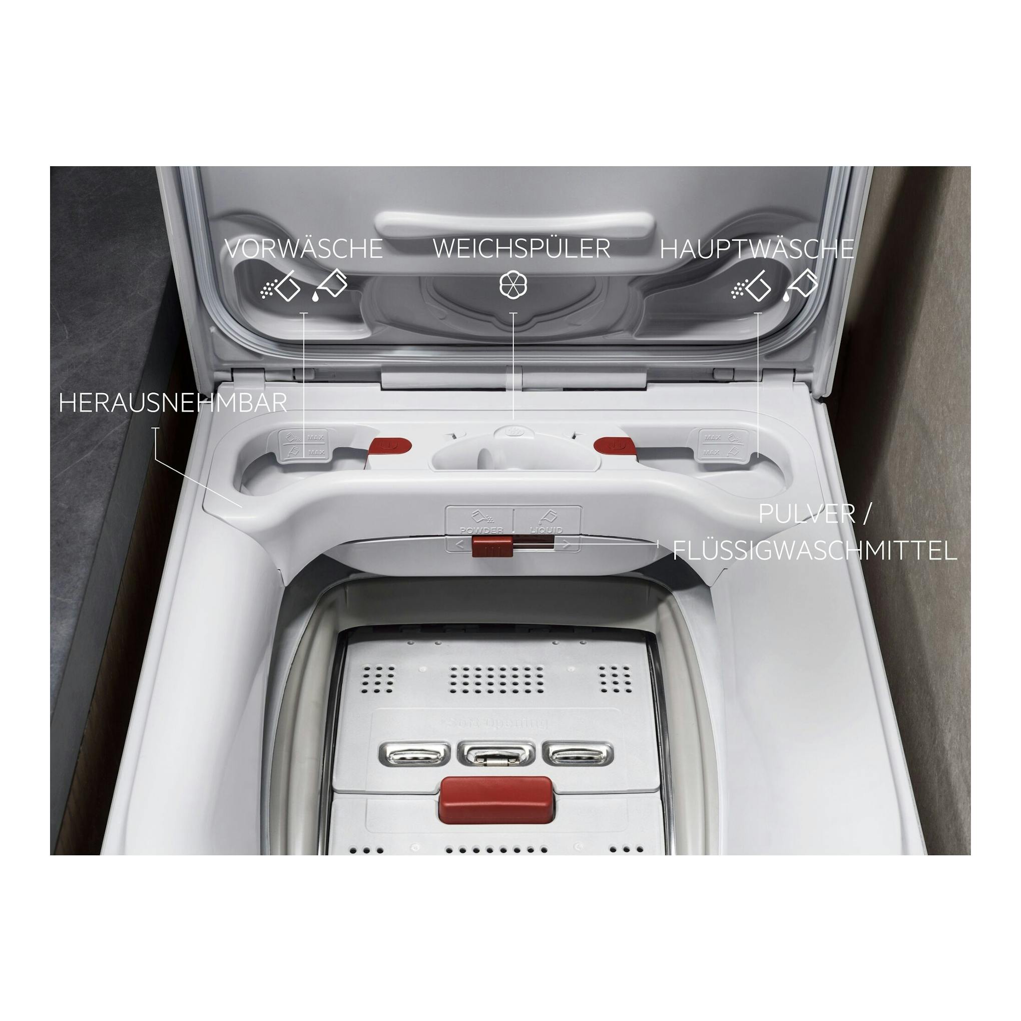 Interior de lavadora AEG LTE6K7230E de carga superior, blanco, con compartimento de detergente abierto.