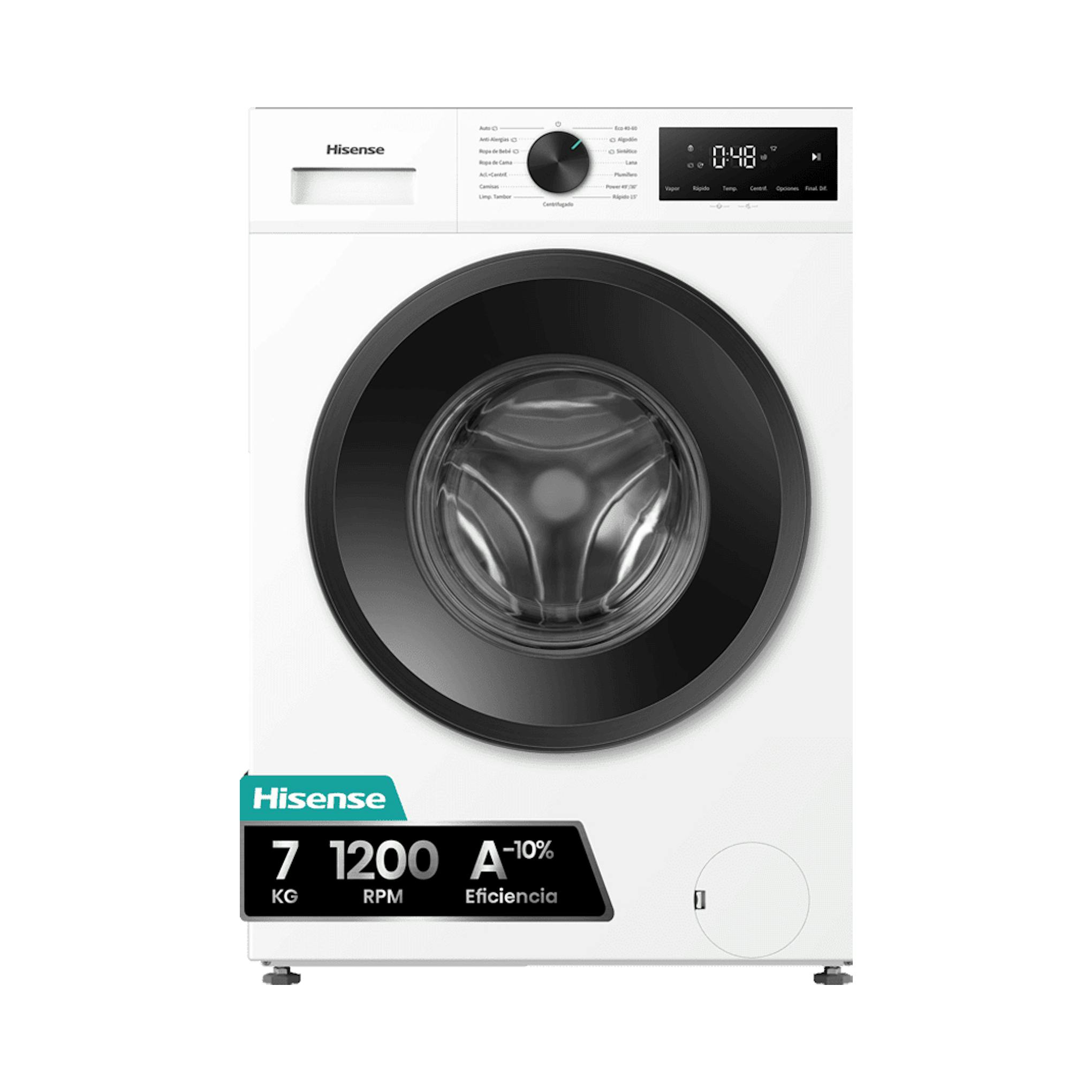Lavadora Hisense WF1I7022BWJ blanca, carga frontal, vista frontal con puerta negra y panel superior.