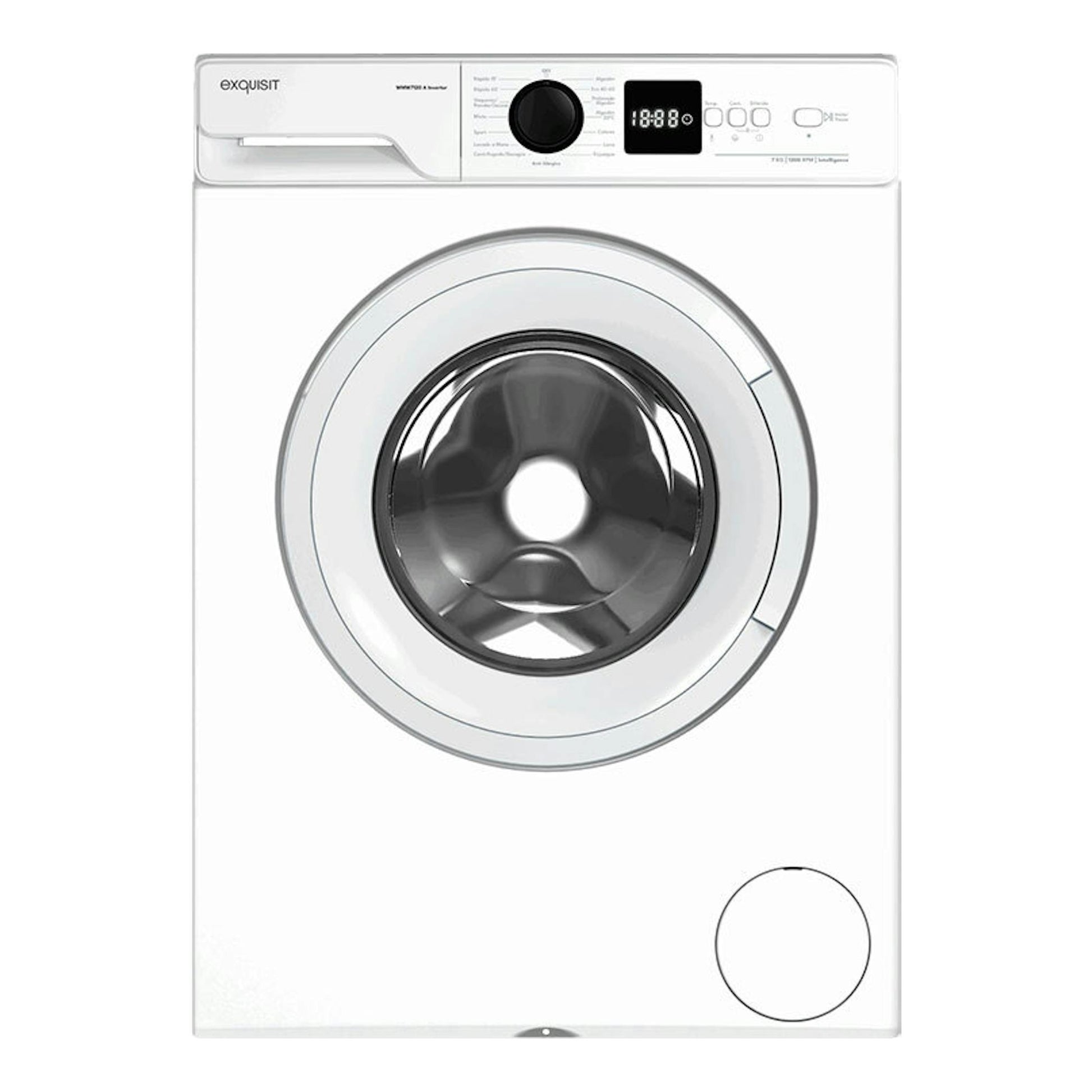 Lavadora Exquisit WMW7120-770A blanca, vista frontal, con puerta circular y panel digital superior.