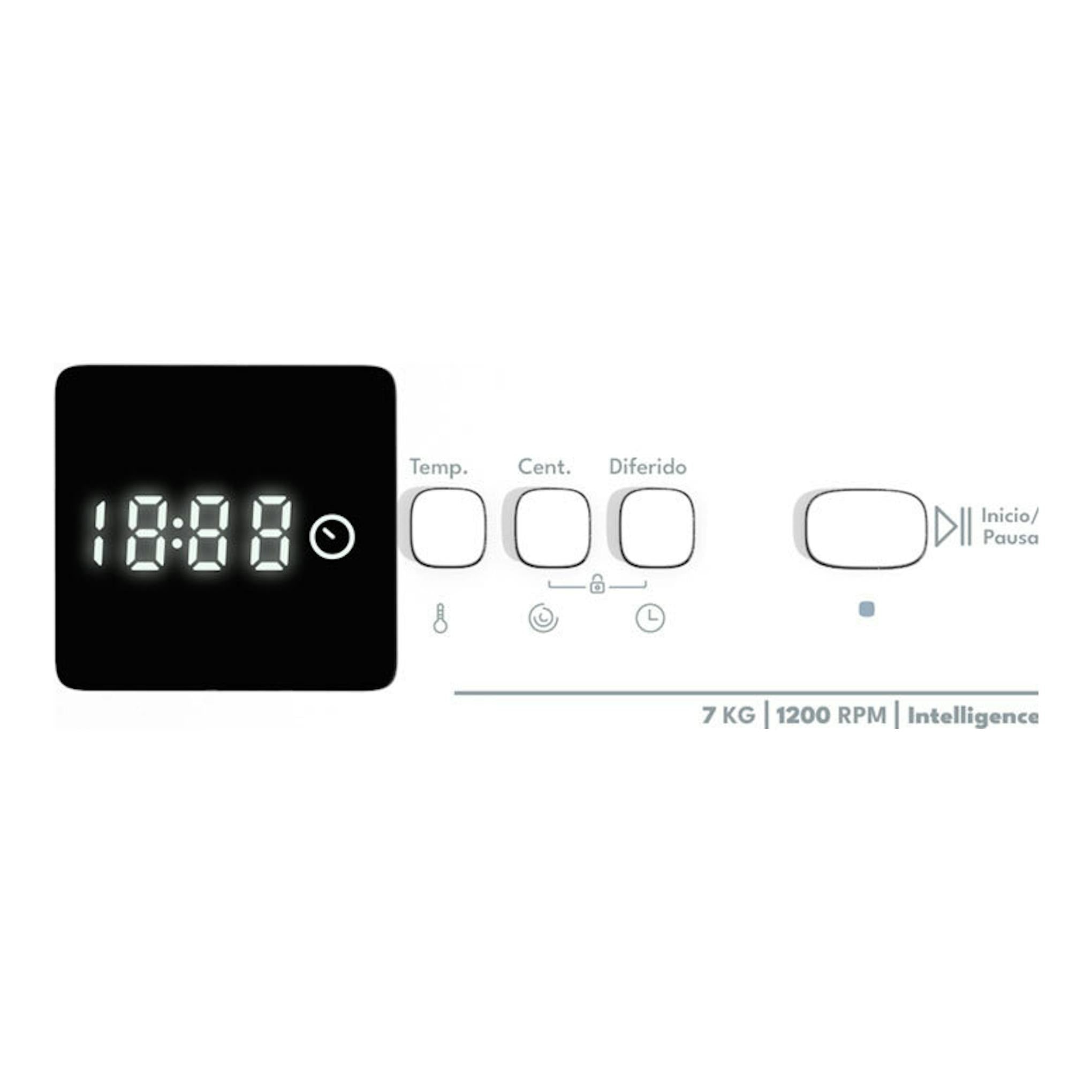 Panel frontal de lavadora Exquisit WMW7120-770A blanca, con display digital y botones Temp., Cent. y Diferido.