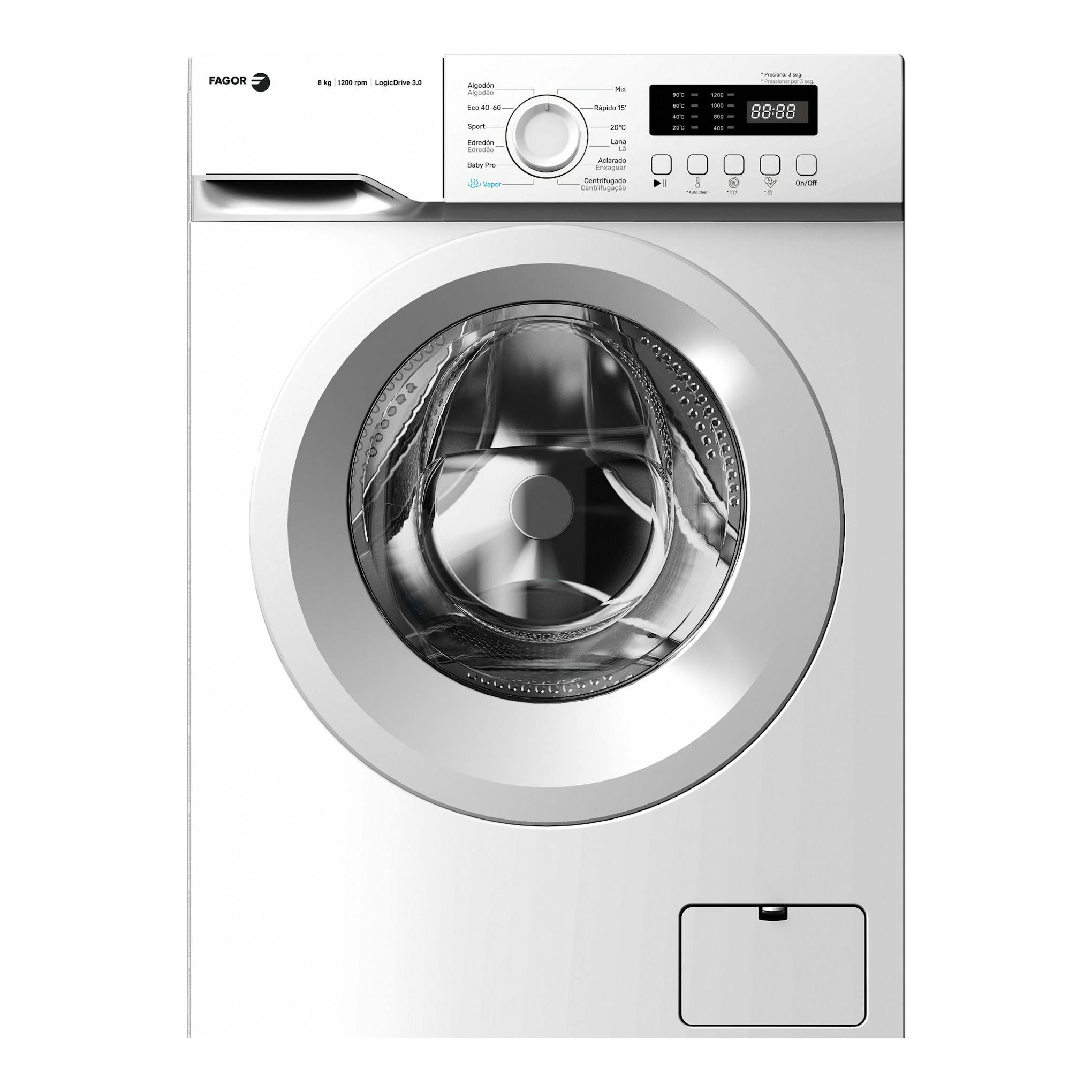 Lavadora Fagor 3FE-8712 blanca, vista frontal, con puerta circular y panel de control superior.