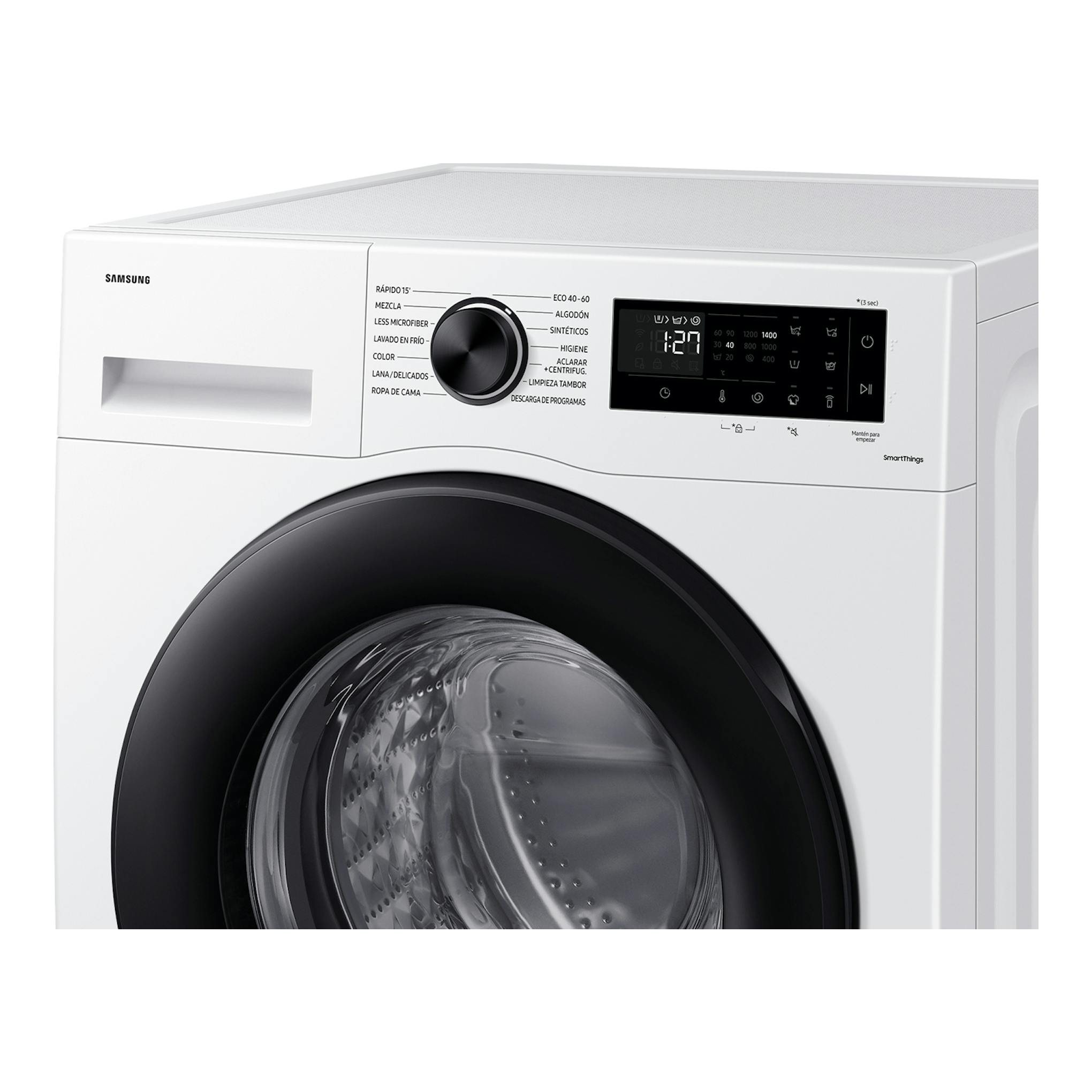 Lavadora frontal Samsung WW80CGC04DAEEC blanca, con puerta negra y panel digital, vista frontal en ángulo.