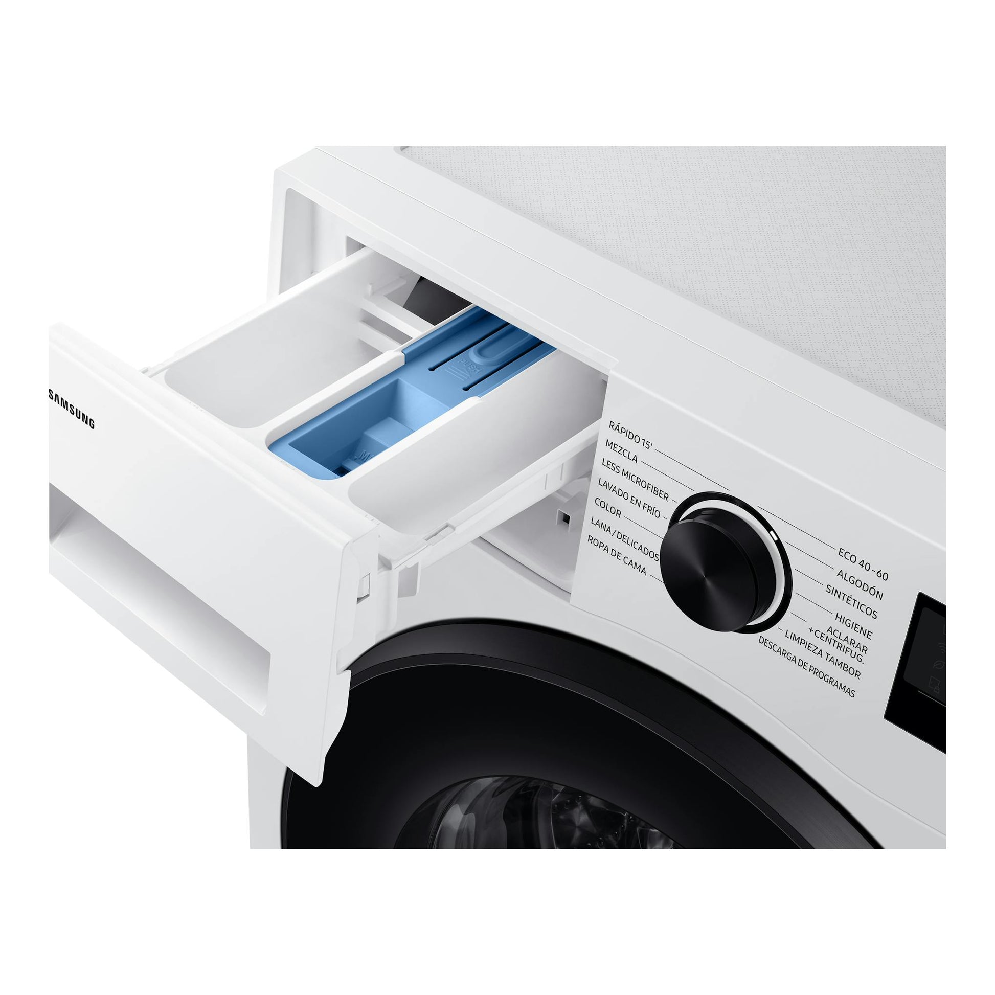 Lavadora Samsung blanca de carga frontal, en primer plano, con cajón dosificador abierto y selector de programas.
