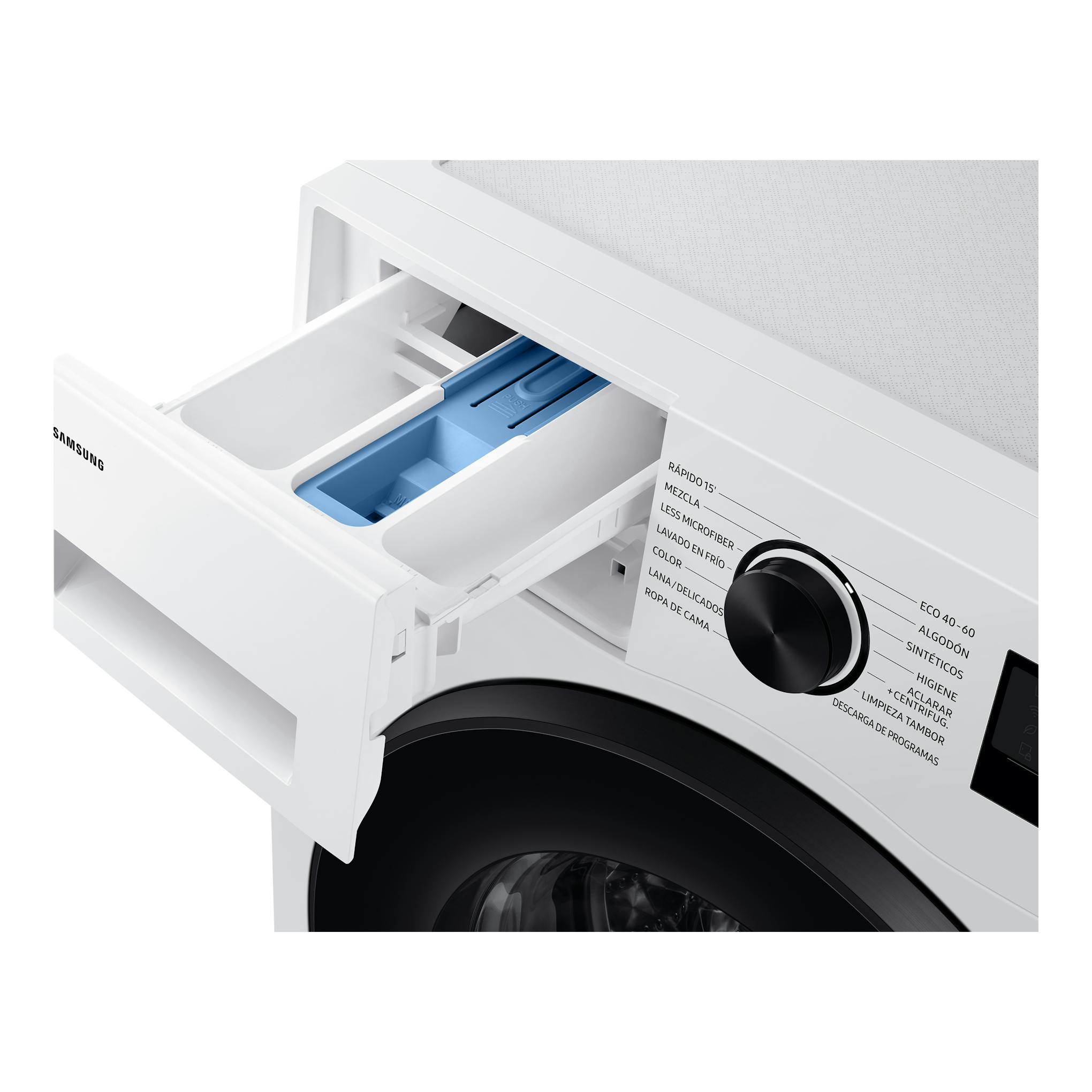 Lavadora Samsung blanca de carga frontal, en primer plano, con cajón dosificador abierto y selector de programas.
