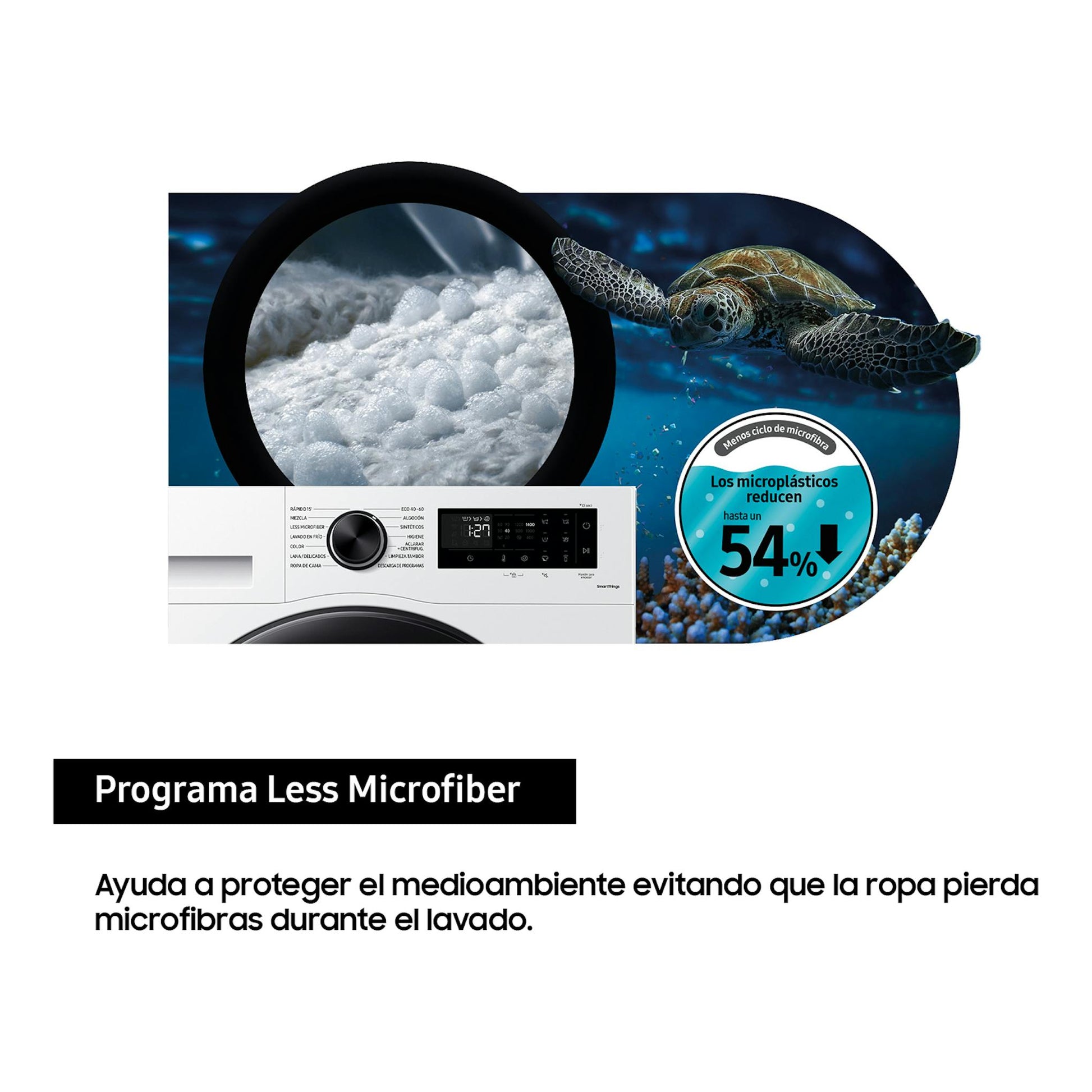 Samsung WW80CGC04DAEEC: lavadora blanca, vista frontal parcial, con tortuga marina y texto Programa Less Microfiber