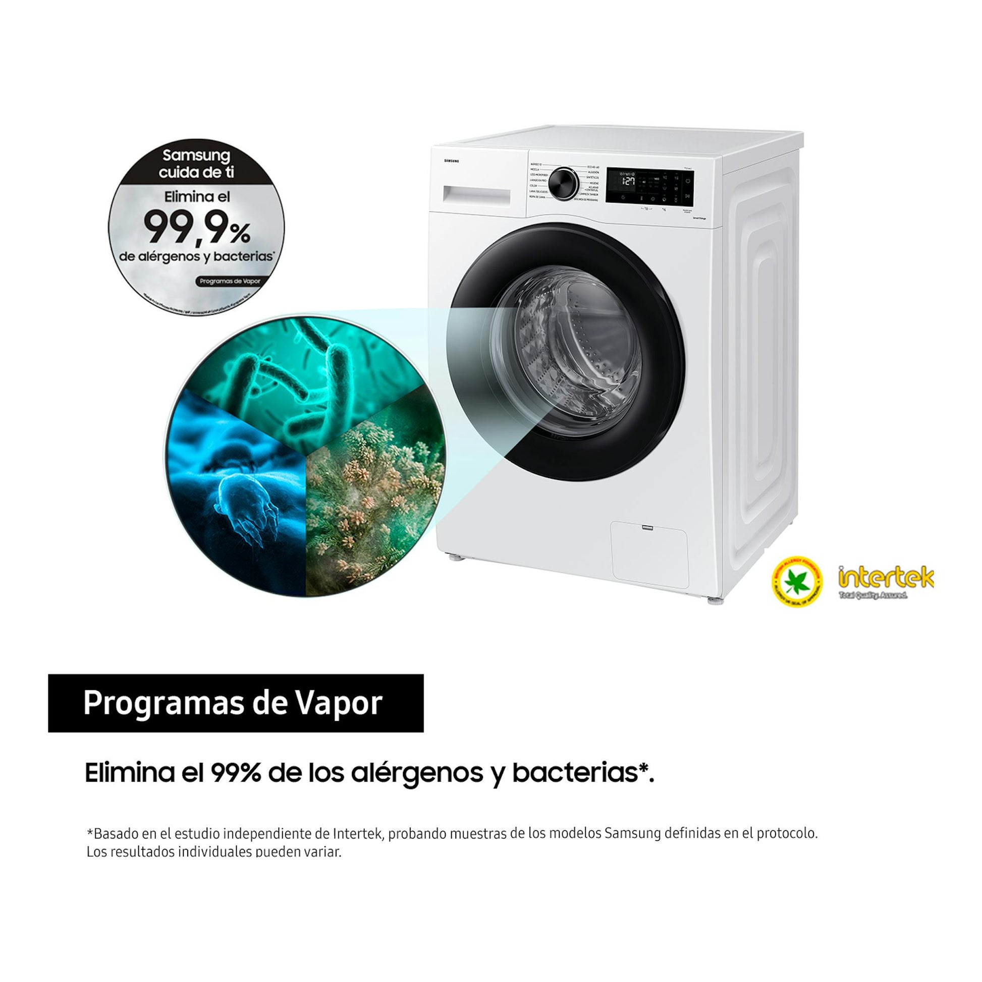 Samsung WW80CGC04DAEEC: lavadora blanca de carga frontal, vista frontal con puerta negra y panel digital.