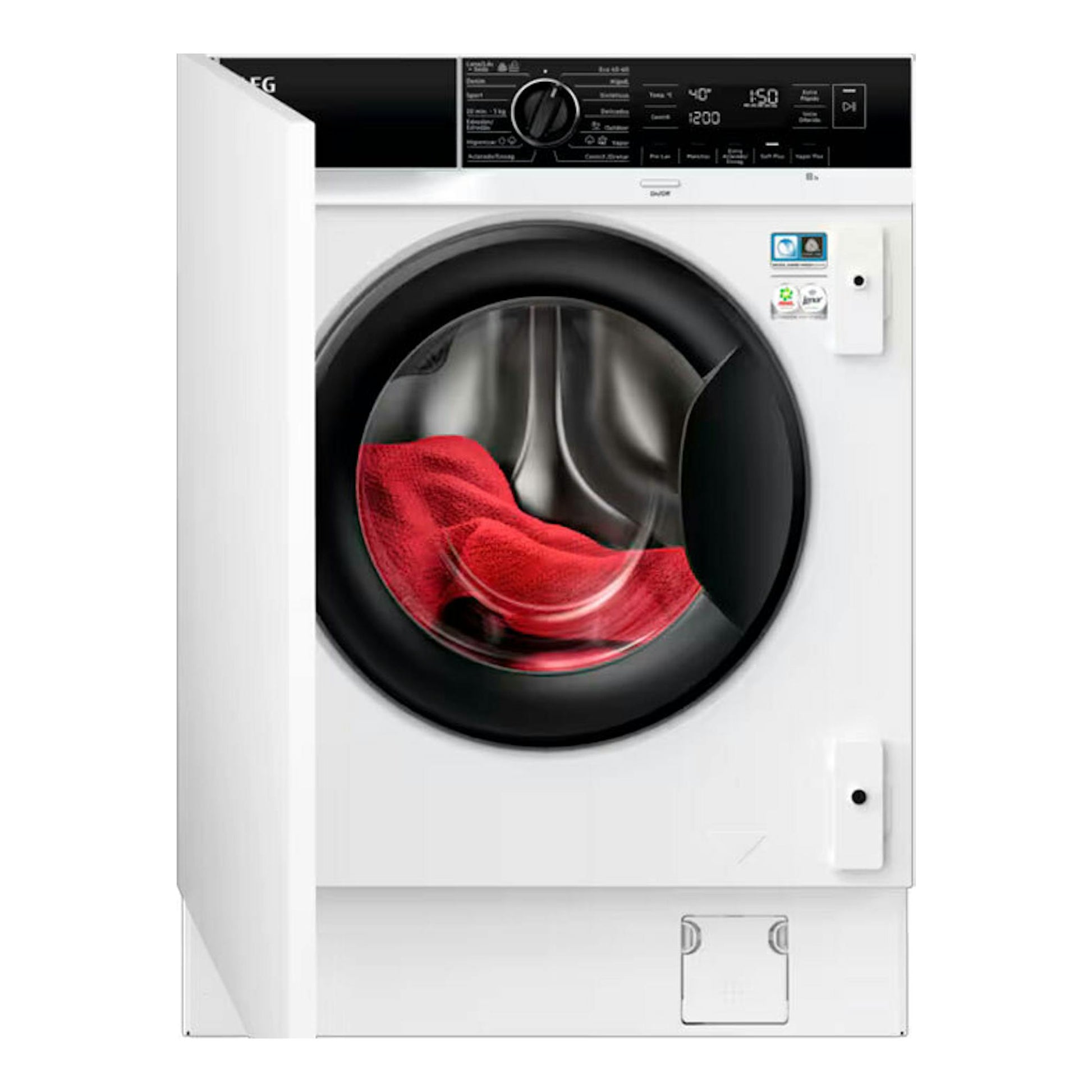 Lavadora AEG LFN7E8436F blanca, vista frontal con puerta abierta y panel de control negro.