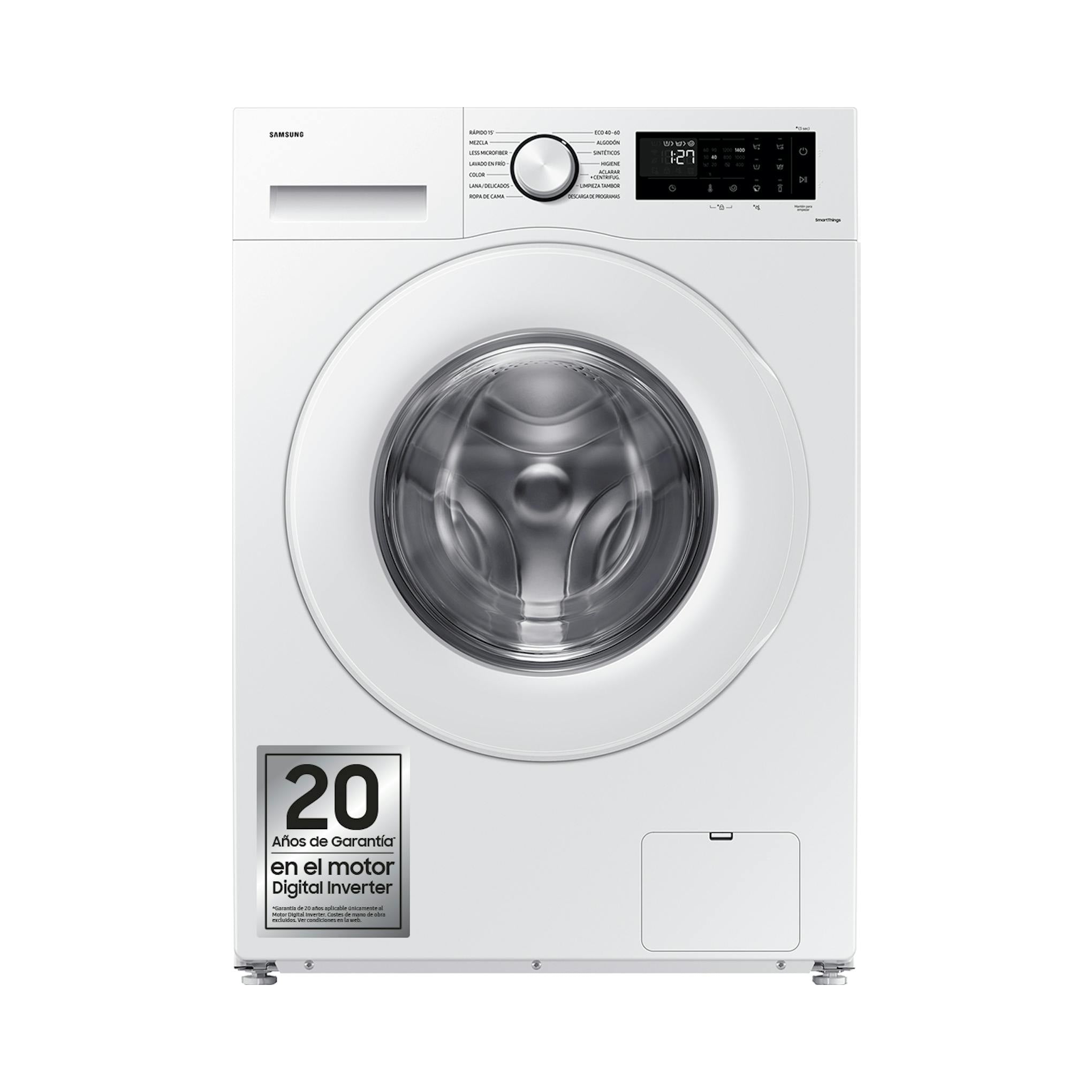 Lavadora frontal Samsung WW90CGC04DTEEC blanca, vista frontal, con display y puerta circular.