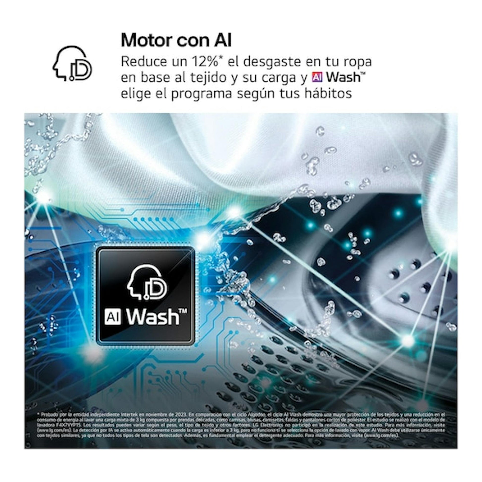 LG F4X5009TBB: gráfico de tambor de lavadora con agua y texto “Motor con AI”.