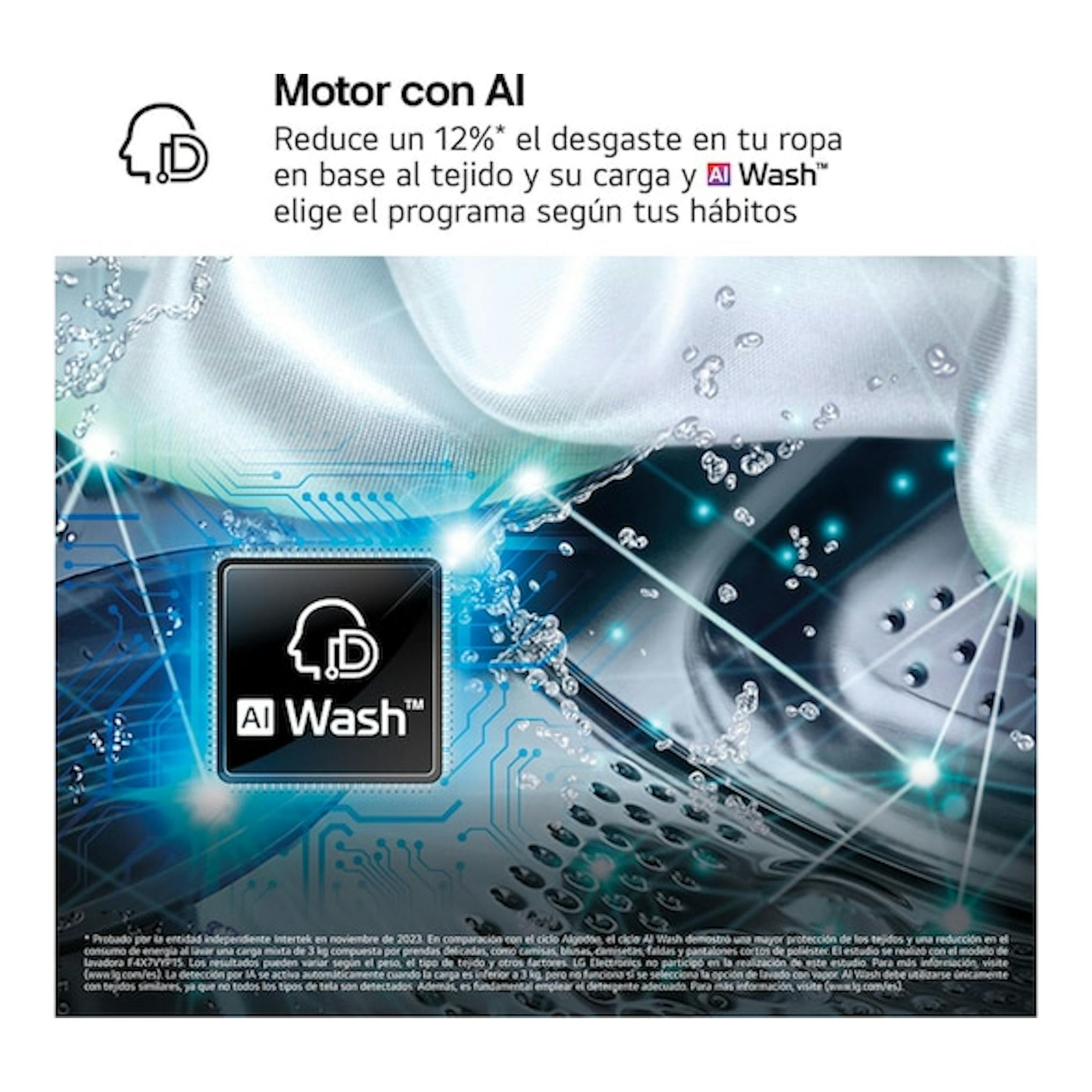 LG F4X5009TBB: gráfico de tambor de lavadora con agua y texto “Motor con AI”.