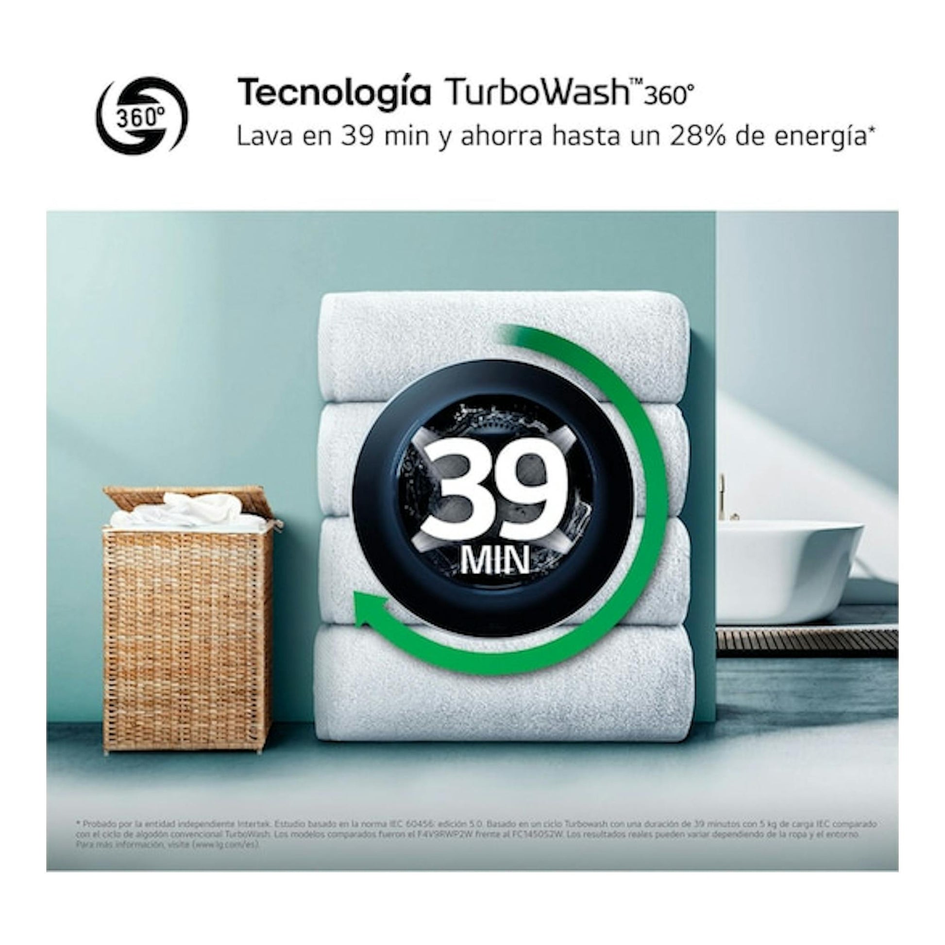 Gráfico promocional frontal de lavadora LG TurboWash 360° con “39 min” y cesto de ropa.