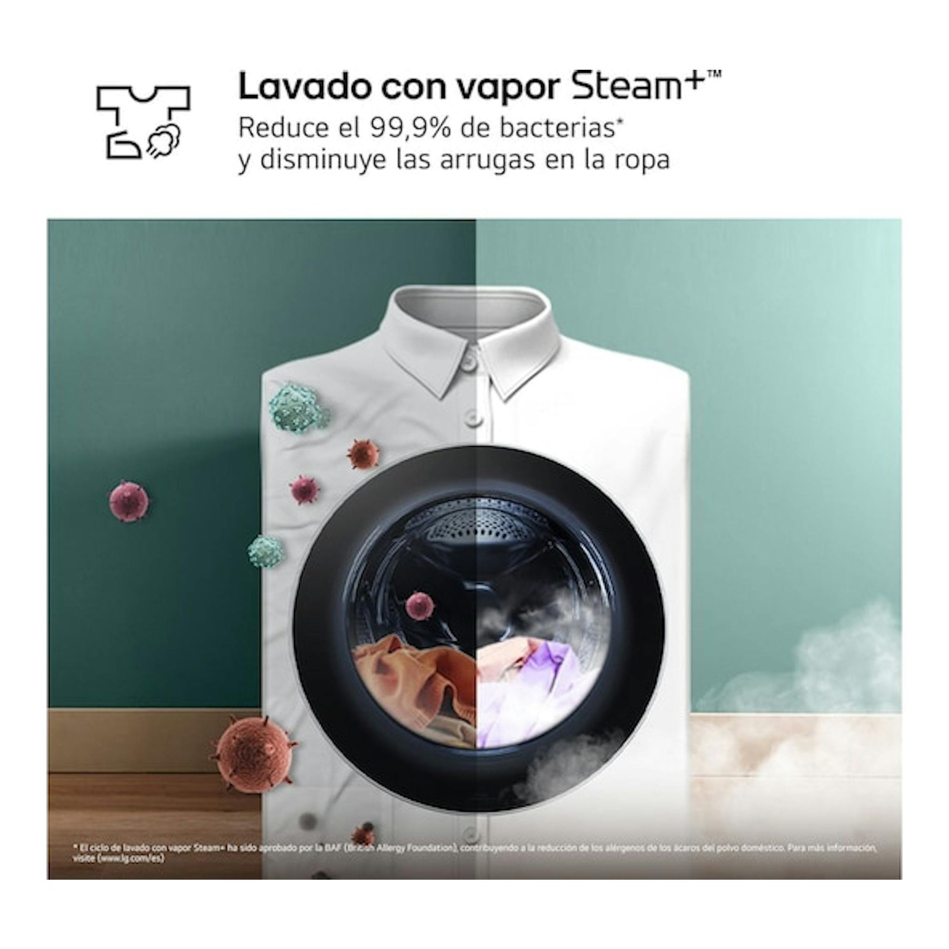 LG F4X5009TBB, lavadora de carga frontal en gráfico promocional con puerta negra y vapor Steam+.