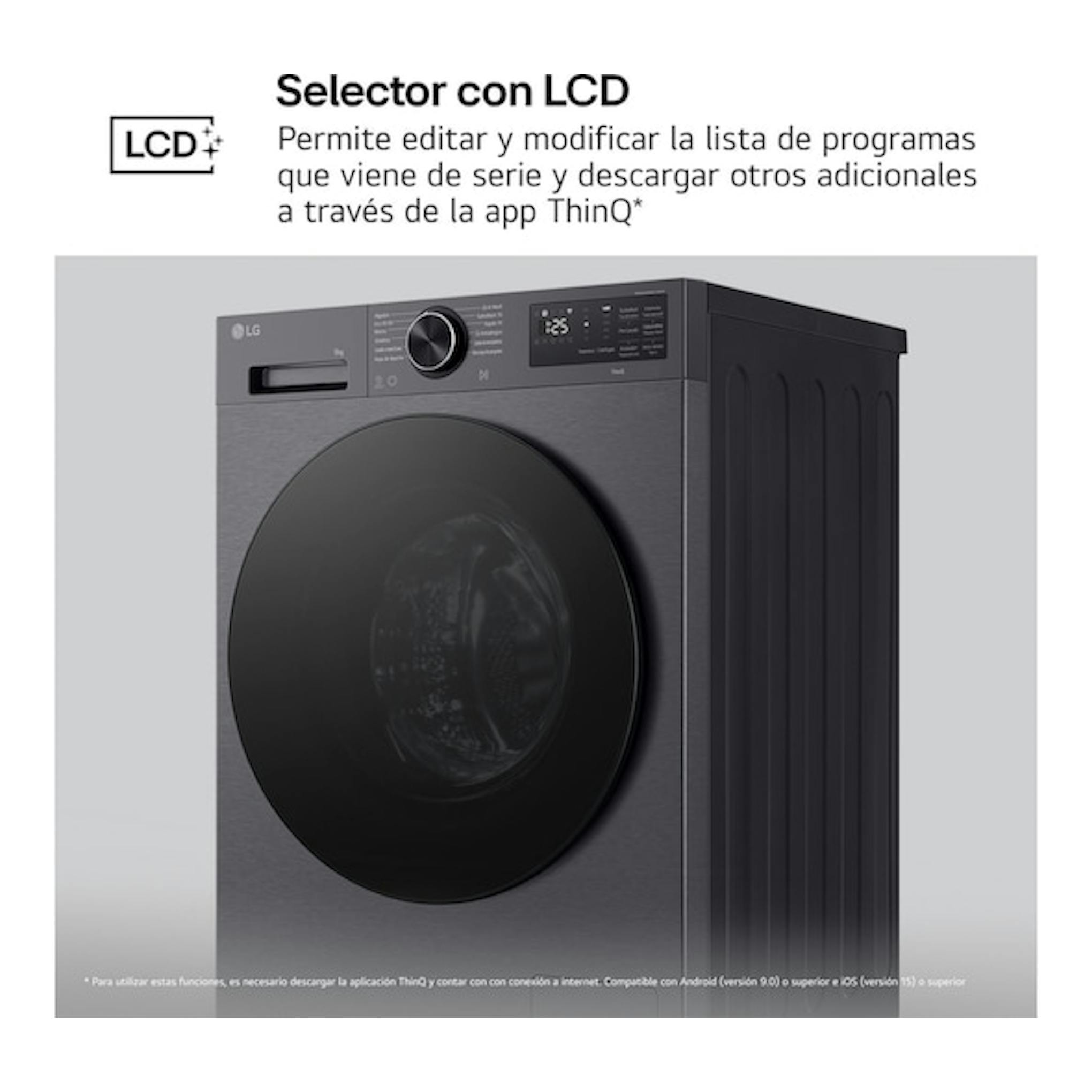 Lavadora LG F4X5009TBB de carga frontal, color gris oscuro, vista frontal en ángulo con pantalla LCD.