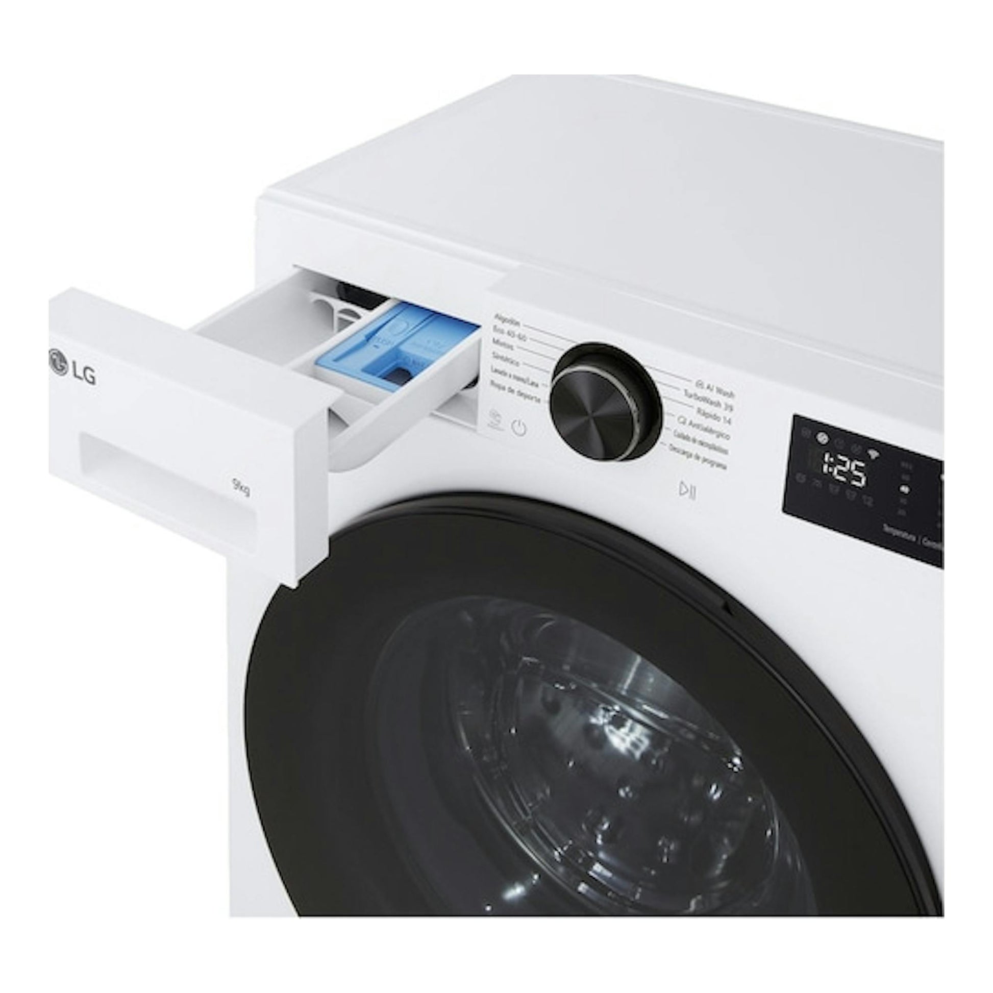 Lavadora LG F2X50S9TLB blanca, vista frontal en ángulo, con cajón abierto, selector y panel digital.