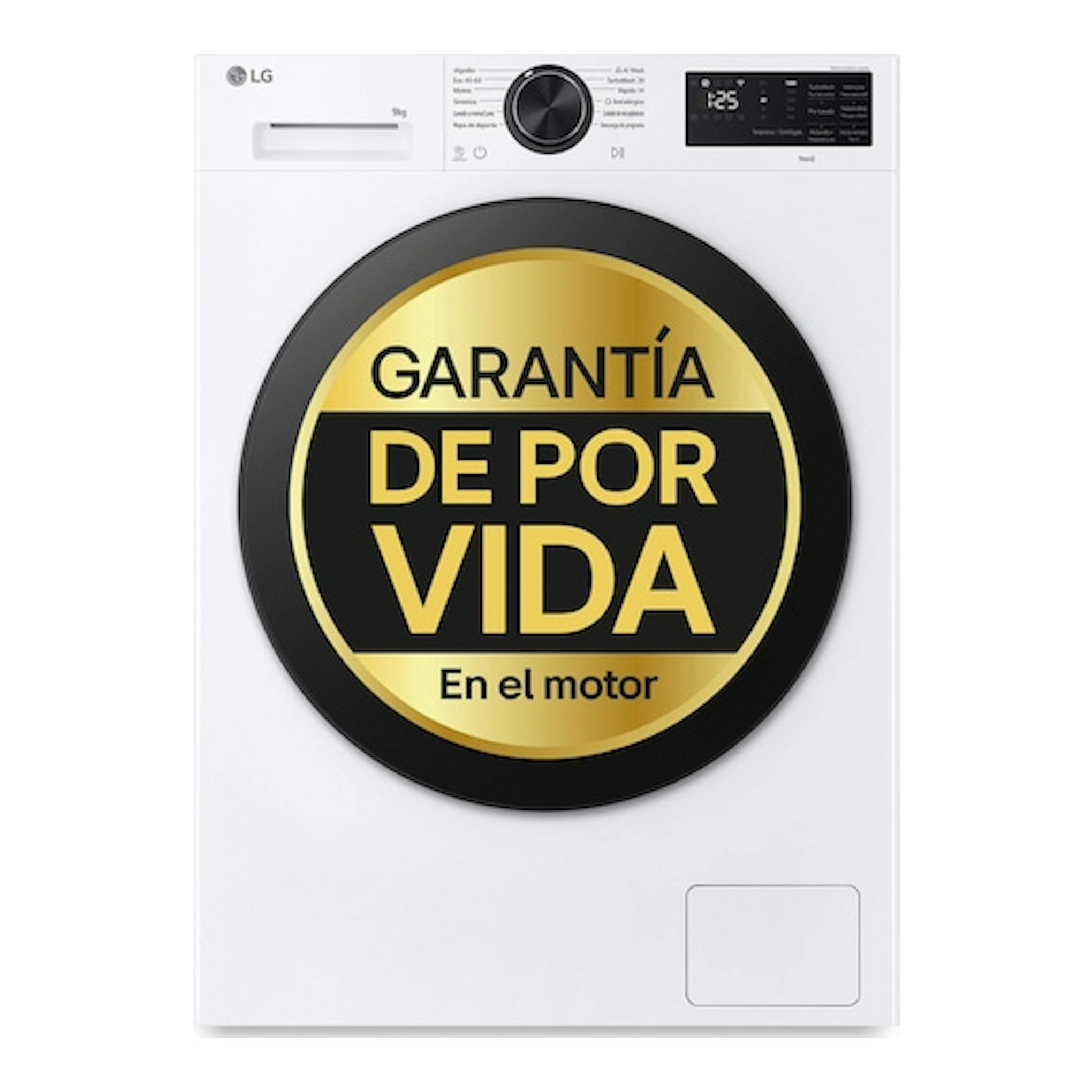 Lavadora LG blanca, vista frontal, con display digital y etiqueta circular dorada de “garantía de por vida”.