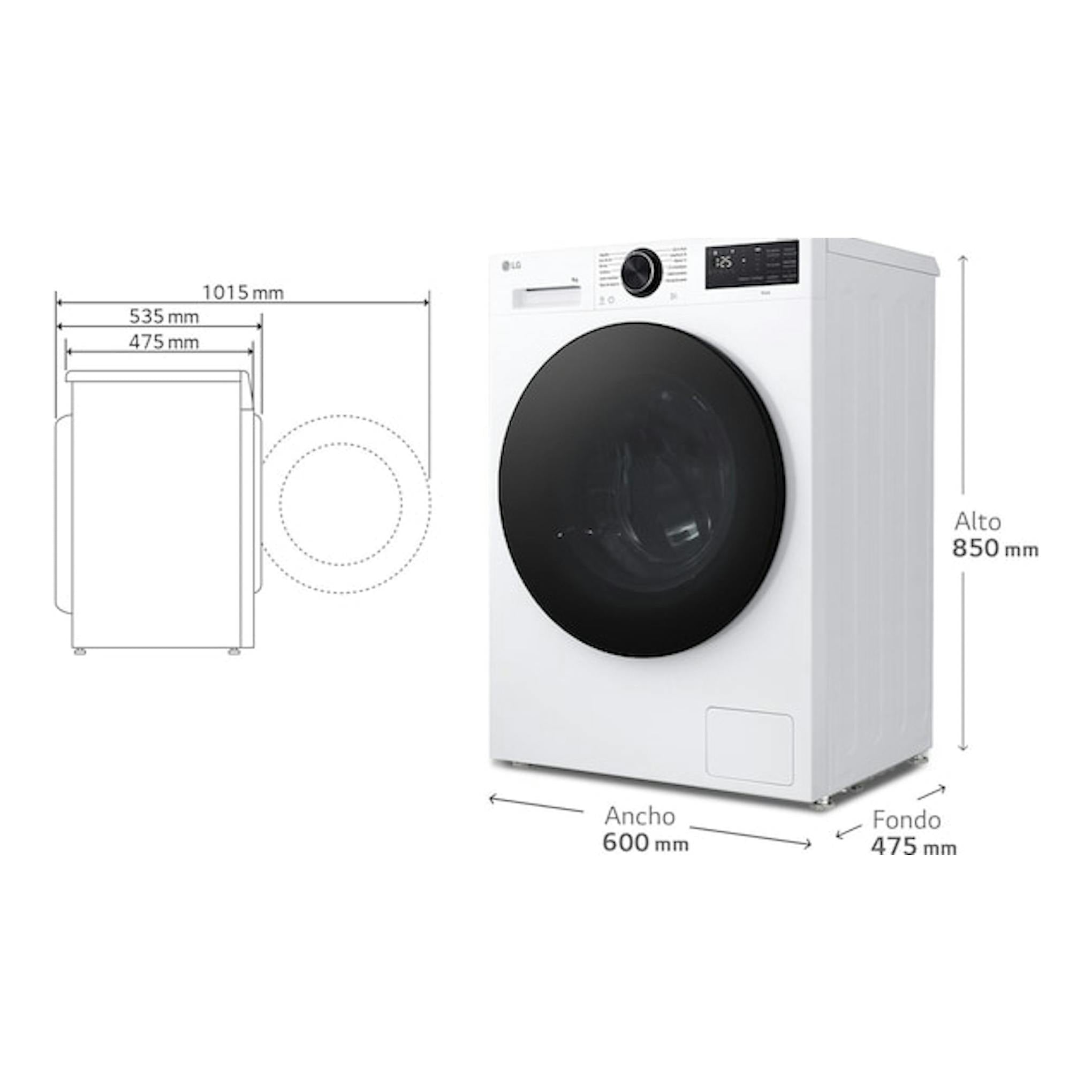 Lavadora LG F2X50S9TLB blanca, vista frontal y lateral con tambor negro y medidas 600×850×475 mm.