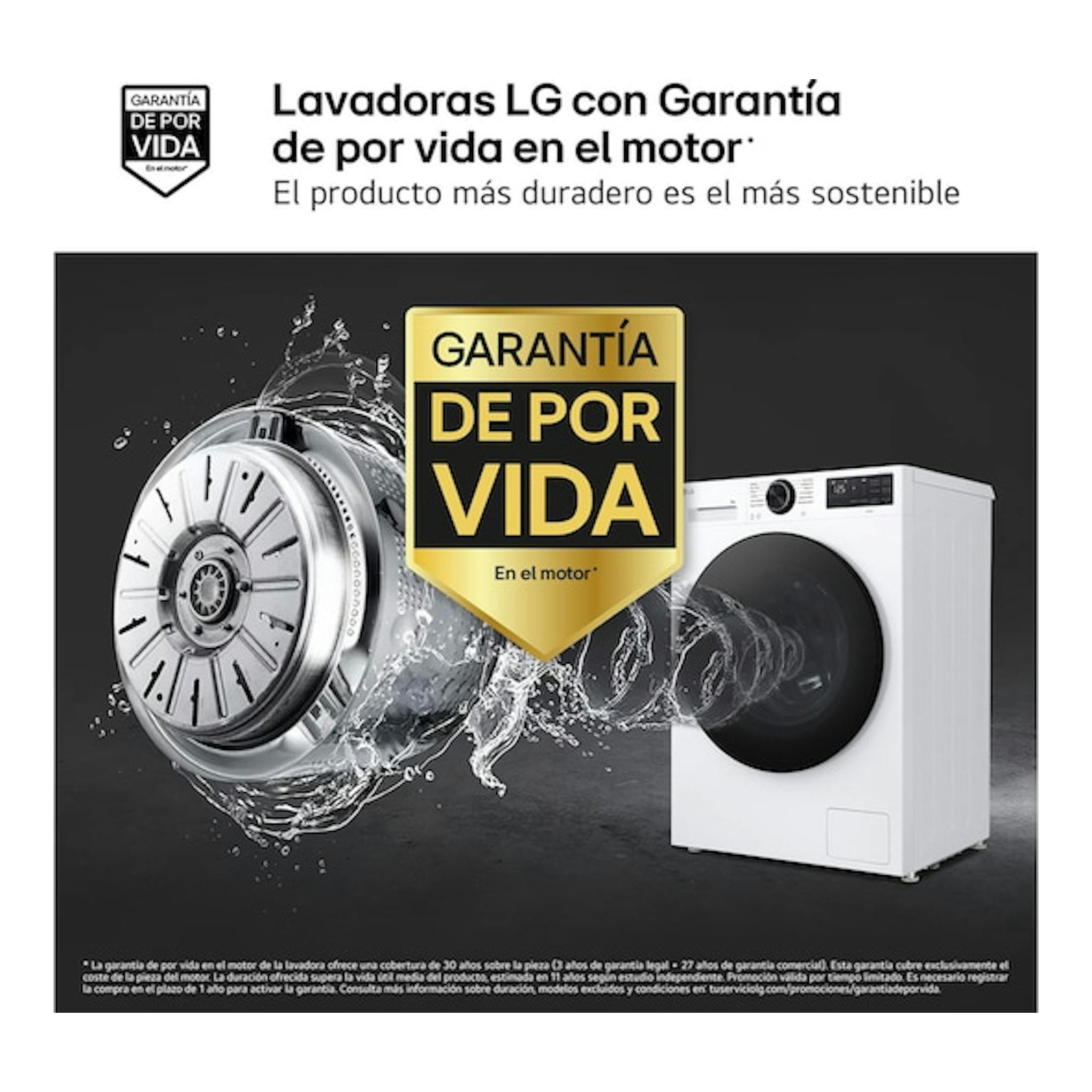 Lavadora LG blanca en vista frontal con tambor negro y sello “Garantía de por vida”.