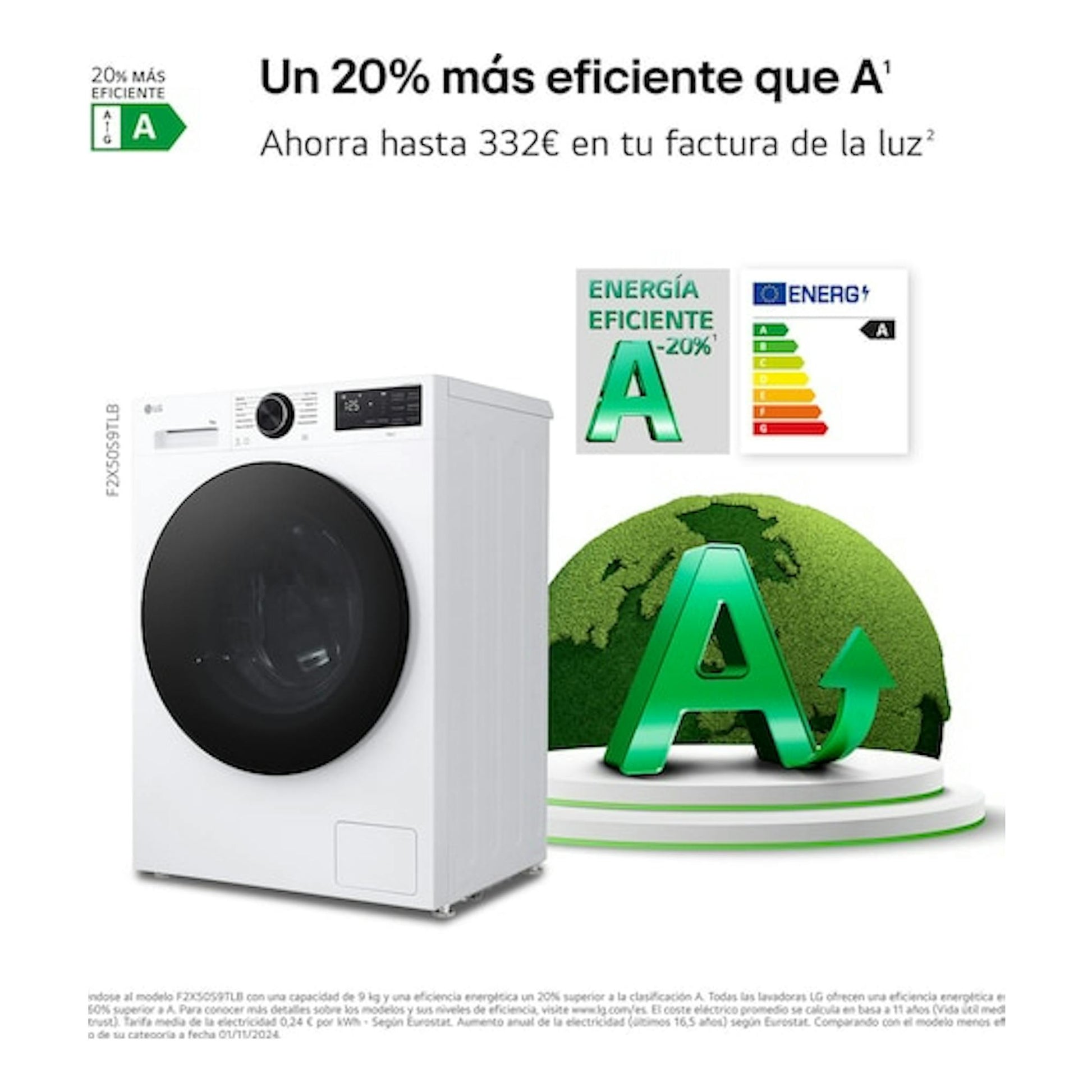 Lavadora LG F2X50S9TLB blanca, vista frontal izquierda, con puerta negra y etiqueta energética A.