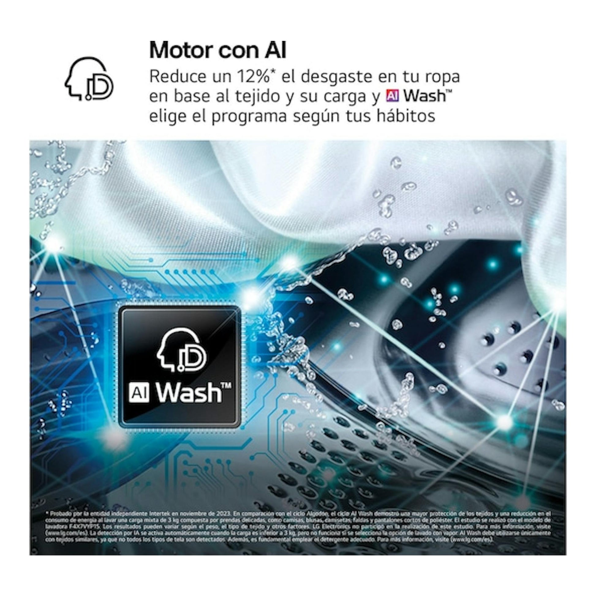 Promoción de lavadora LG F2X50S9TLB, vista interior del tambor con texto AI Wash en azul y blanco.