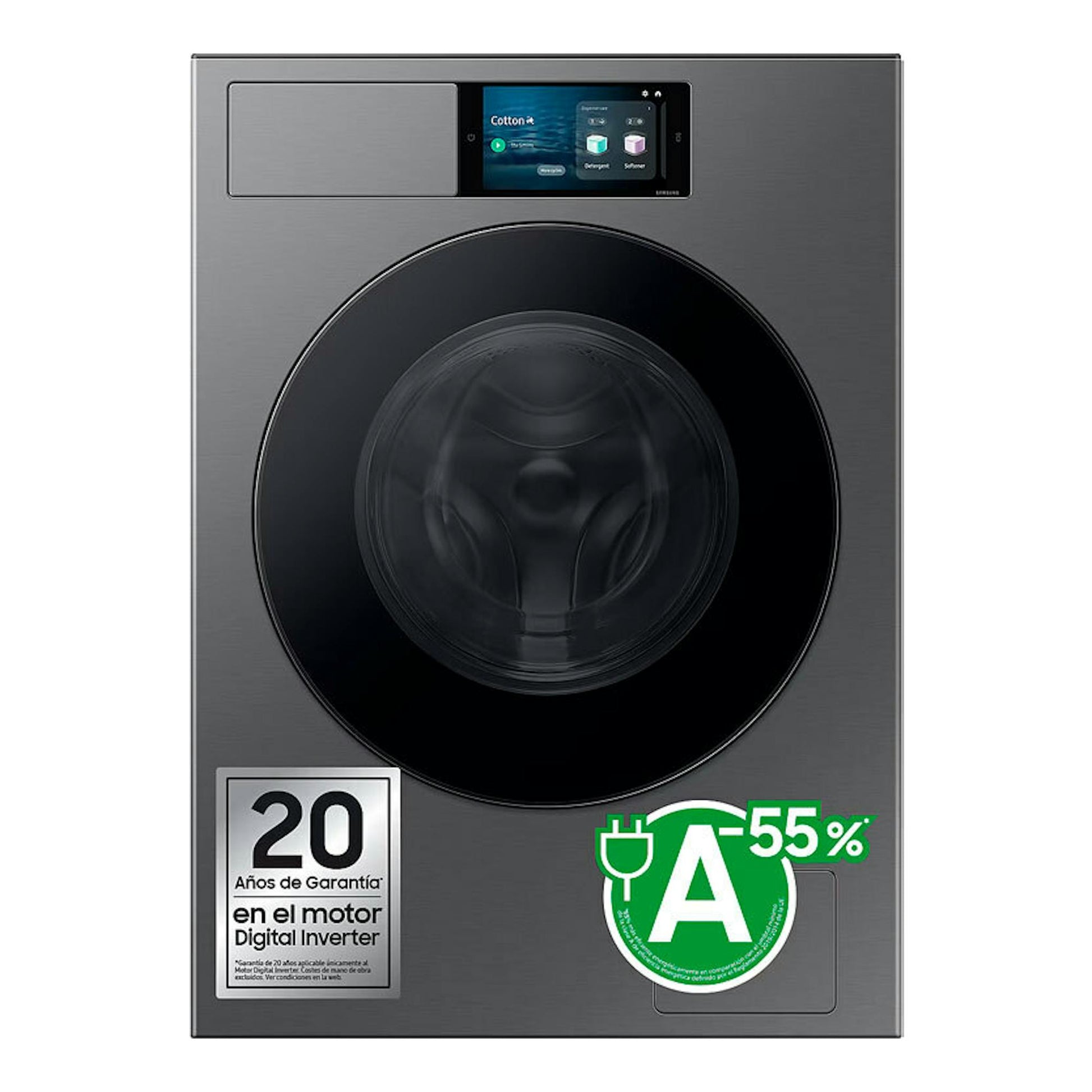 Lavadora Samsung WF90F09C4SU3 gris, vista frontal, con puerta circular negra y panel superior digital.