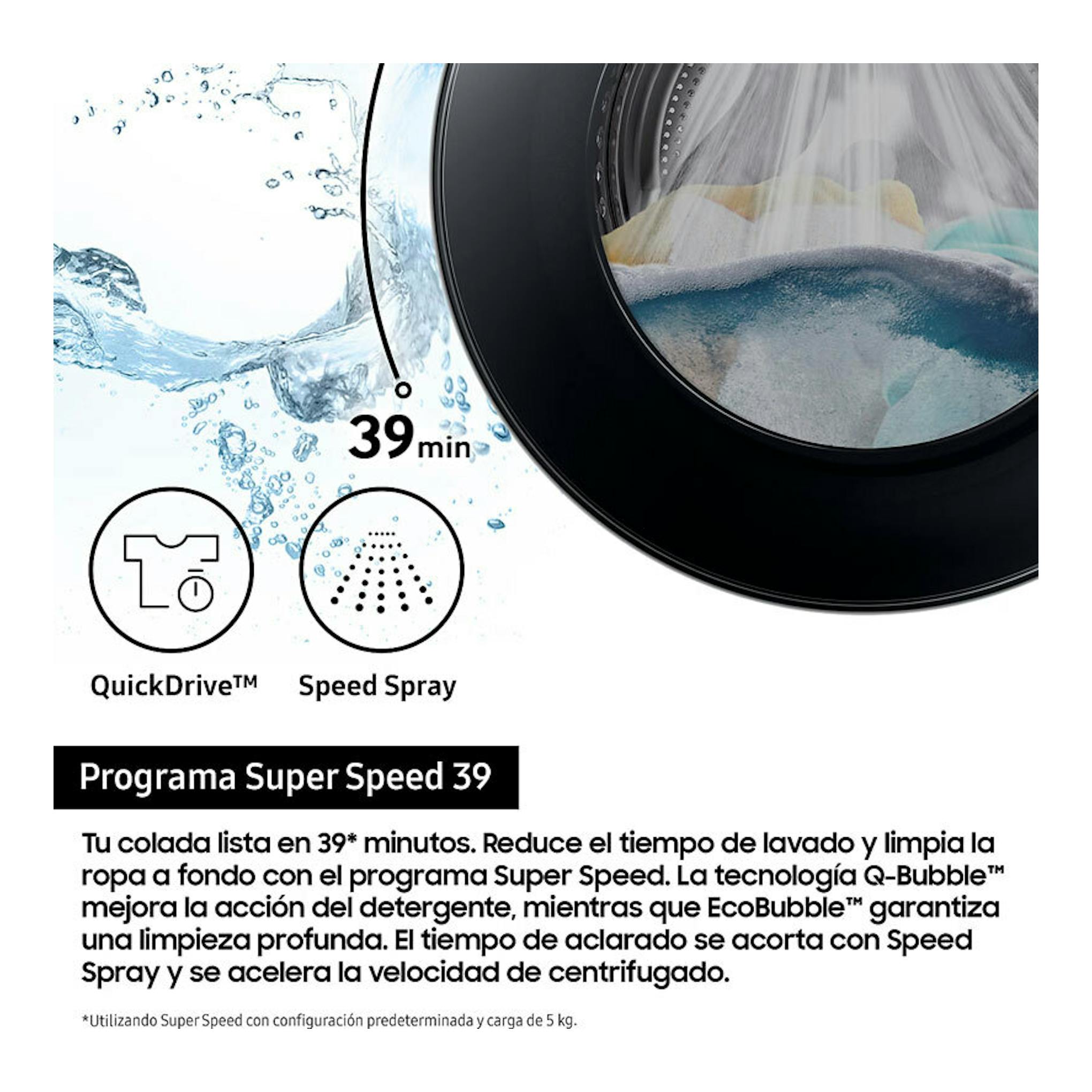 Lavadora Samsung WF90F09C4SU3, detalle frontal de puerta negra y texto “Programa Super Speed 39”
