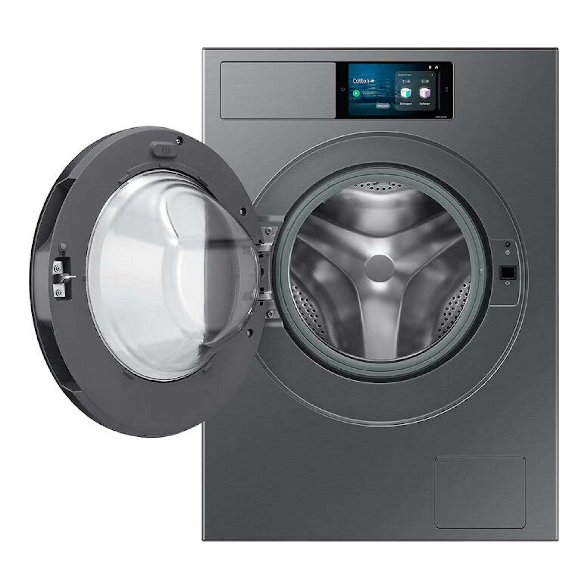 Lavadora Samsung WF90F09C4SU3 gris, vista frontal, con puerta de carga frontal abierta.