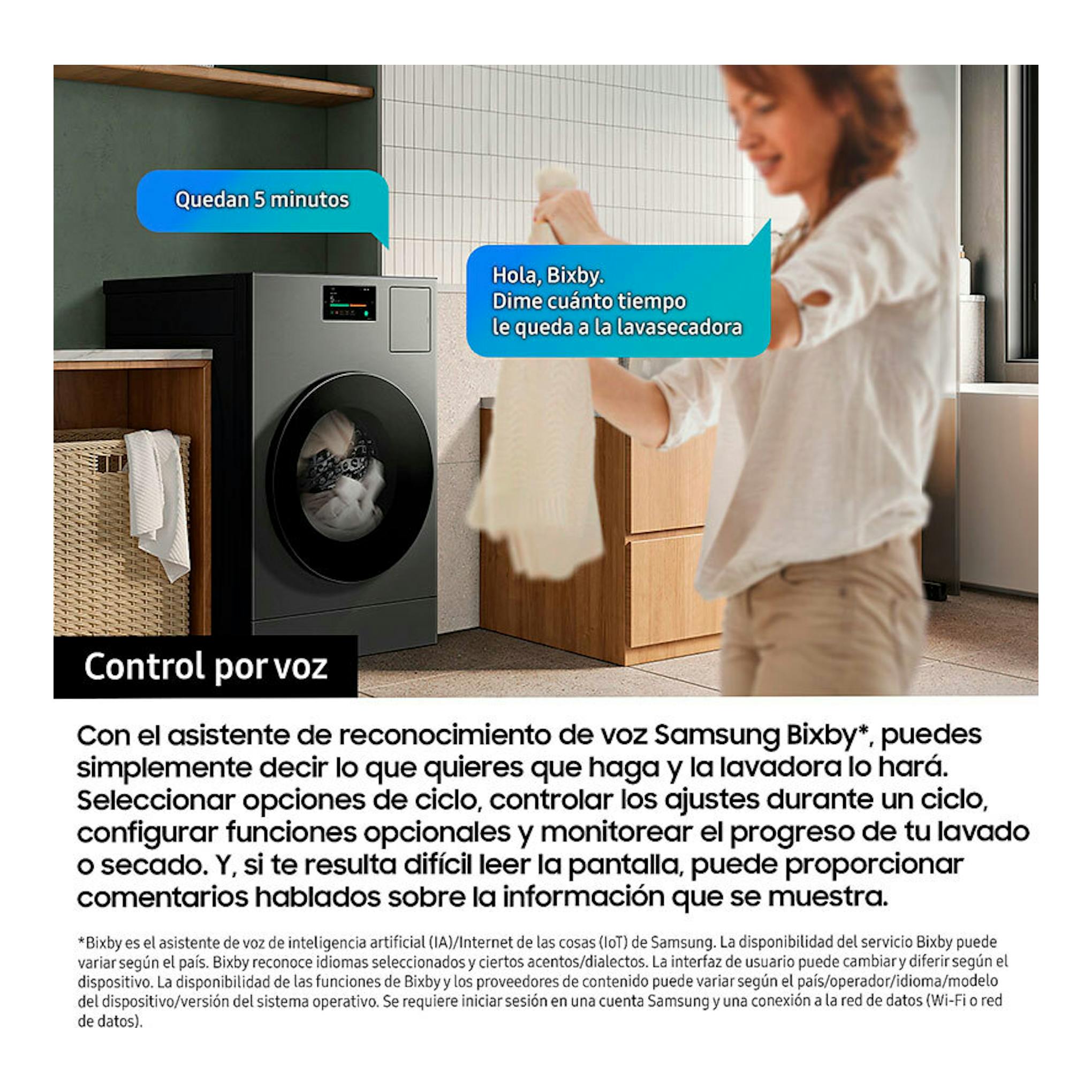 Lavadora Samsung WF90F09C4SU3 negra y gris, de carga frontal, vista frontal, en un anuncio con una mujer.