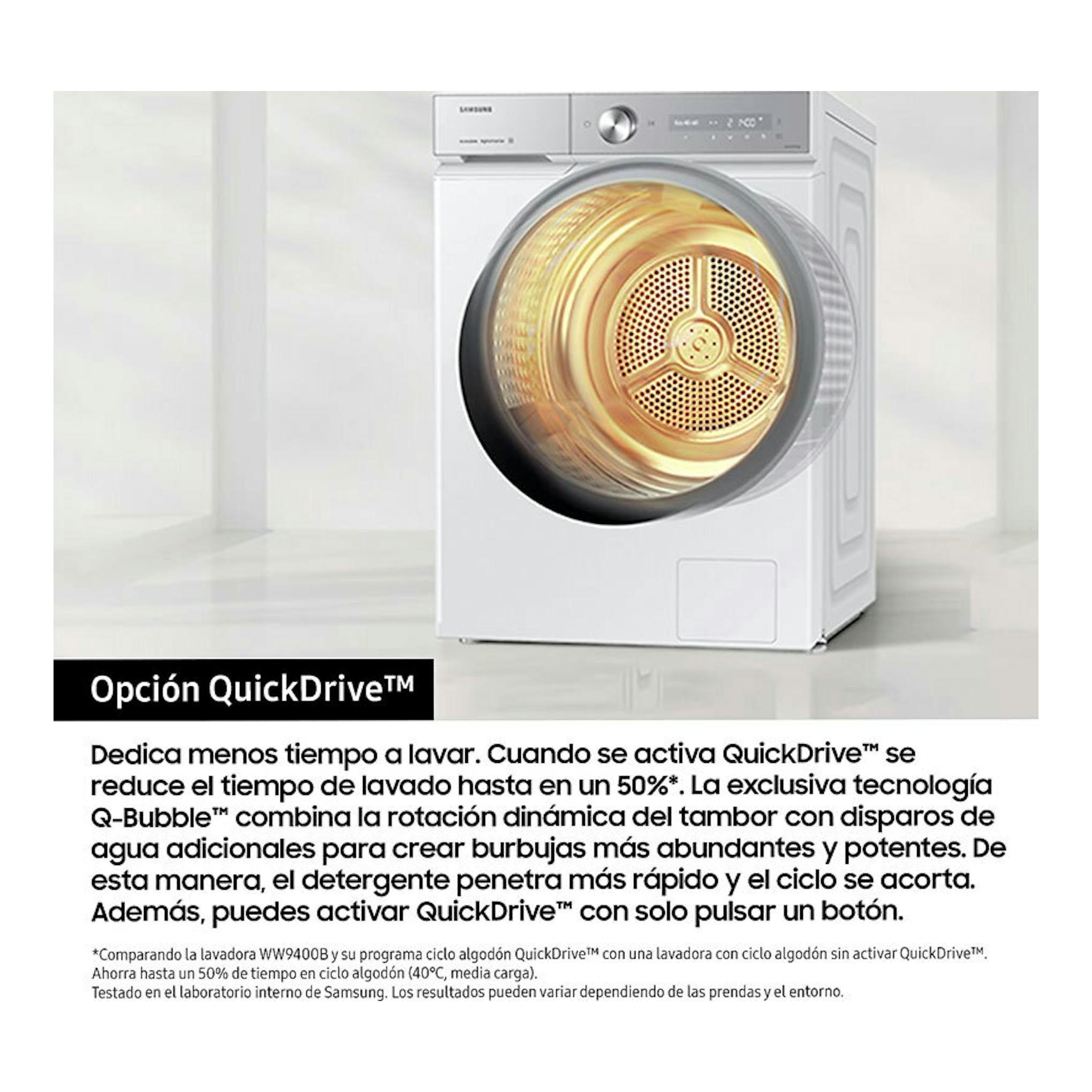Lavadora frontal Samsung WF90F09C4SU3 blanca, vista frontal, con puerta circular y tambor visible.