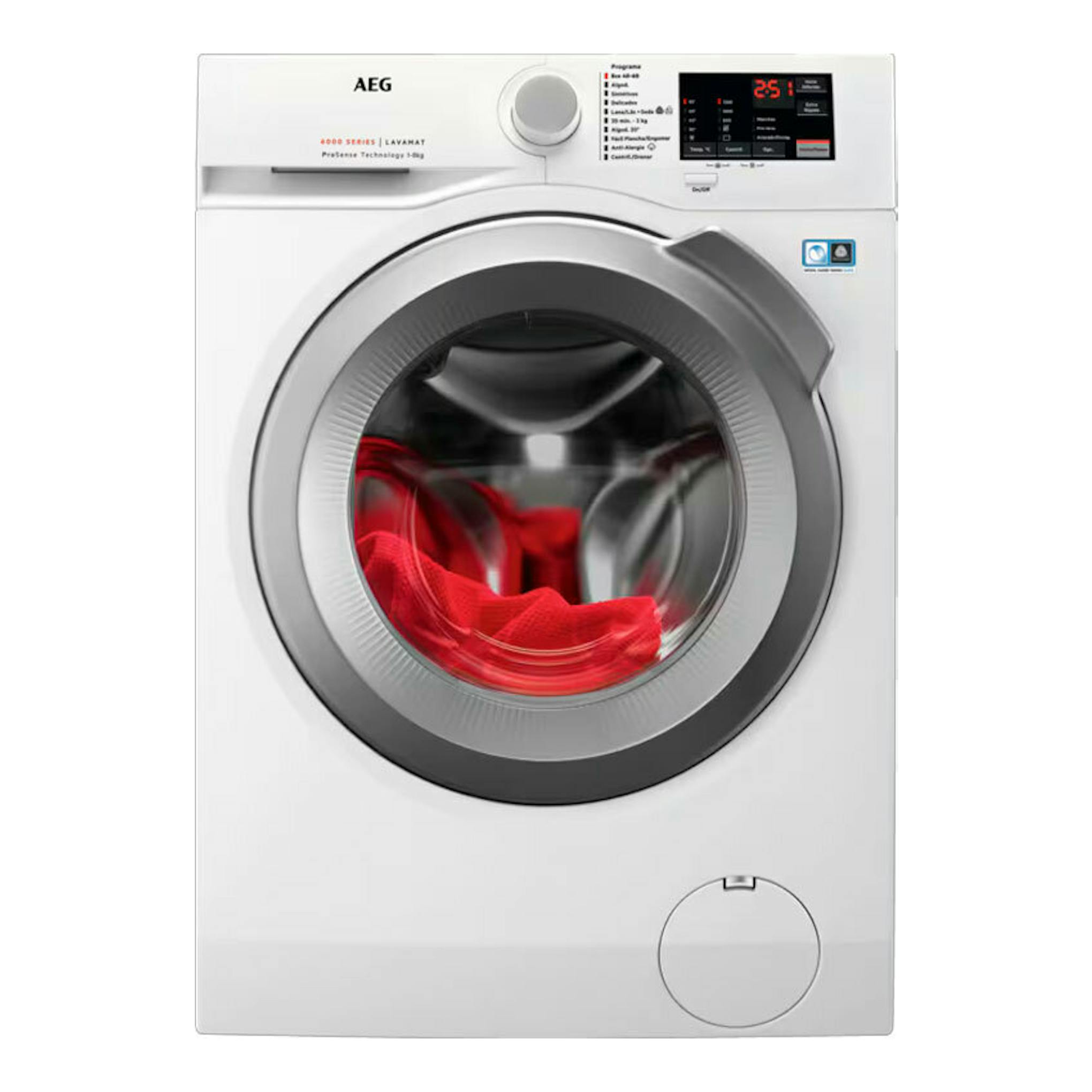 Lavadora AEG LFA6I8275A blanca, vista frontal, de carga frontal, con ropa roja visible y panel digital superior.