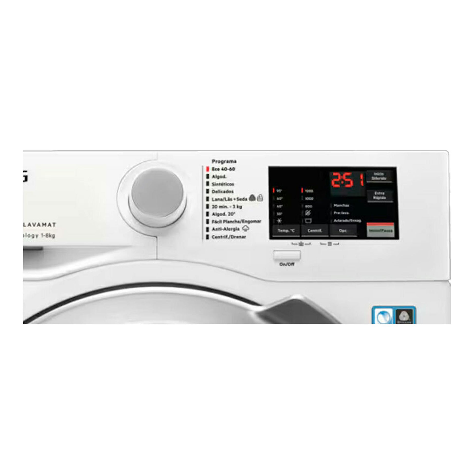 Lavadora AEG LFA6I8275A blanca, vista frontal parcial del panel de control y la pantalla digital.
