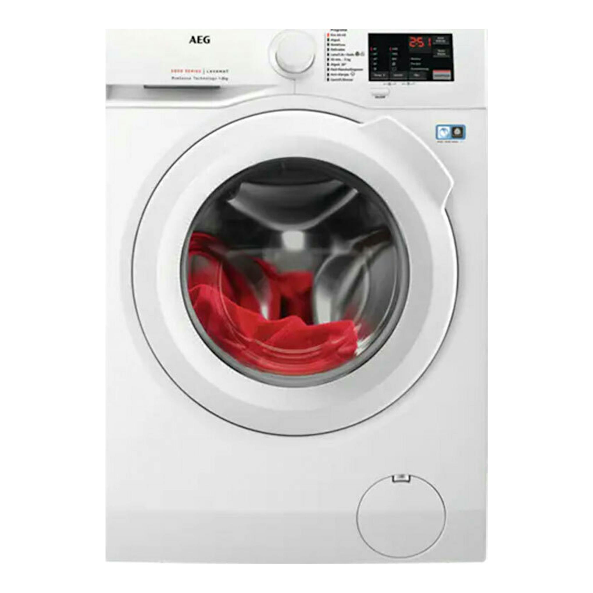 Lavadora AEG LFA6I8472A blanca, vista frontal, con puerta circular y panel de control superior.