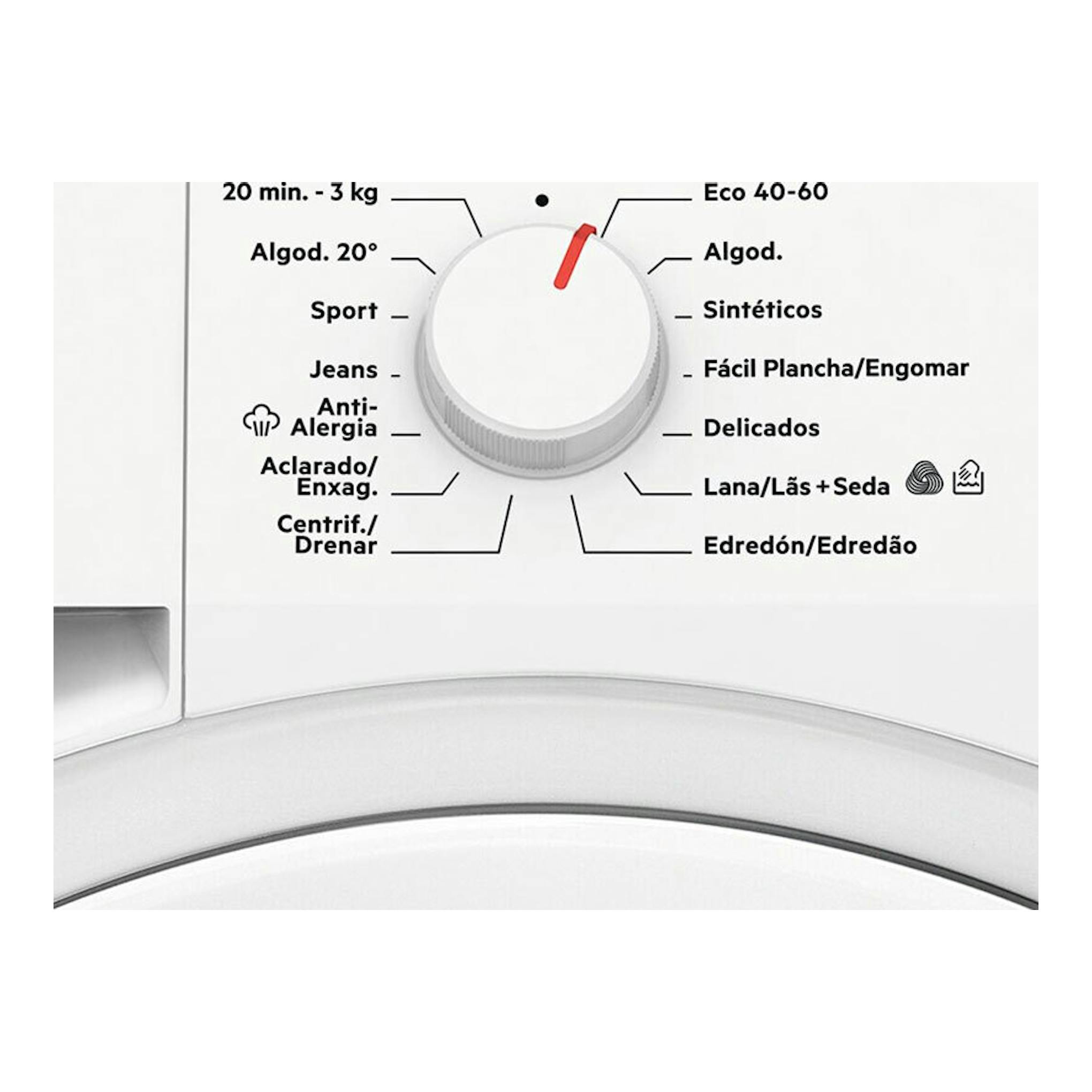 Lavadora AEG LFA6K8241C, primer plano del selector blanco de programas con marcas en rojo.