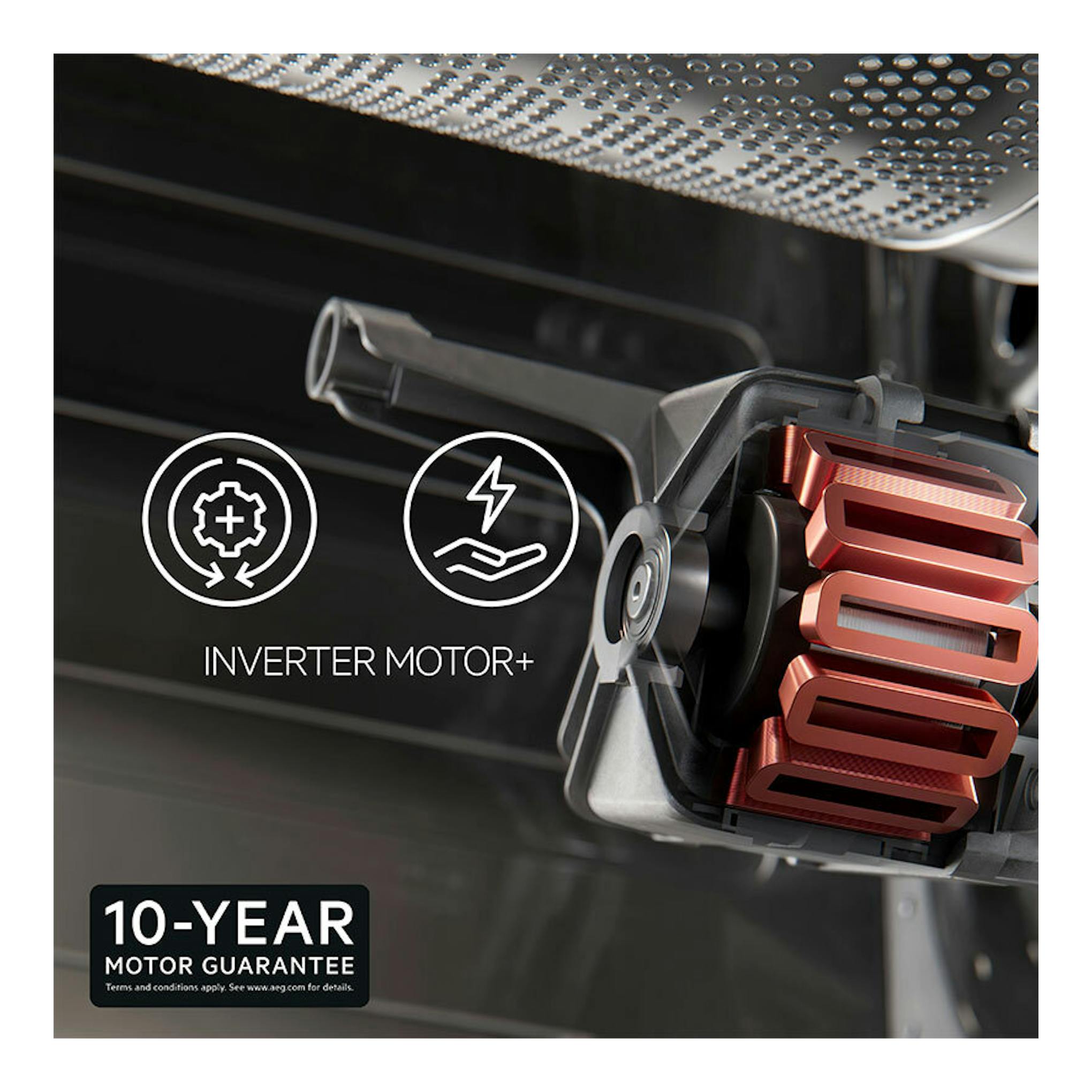 AEG LFA6K8241C: motor Inverter Motor+ en vista parcial, con bobinas cobrizas y texto de garantía de 10 años.